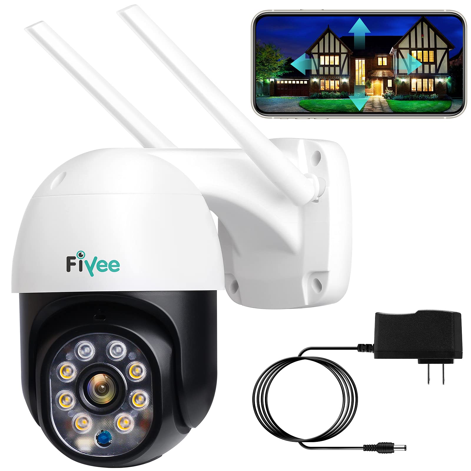 Security Camera Indoor/Outdoor, FIYEE 1080P 2.4G WiFi Corded Security Camera with 24/7 Recording, 360 View, Motion Detecti...