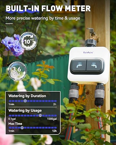 Miniatura 6 de RAINPOINT Temporizador de agua WiFi para manguera de jardín  6 planes separados, riego por galón y tiempo, modo de riego y niebla, fácil de usar,