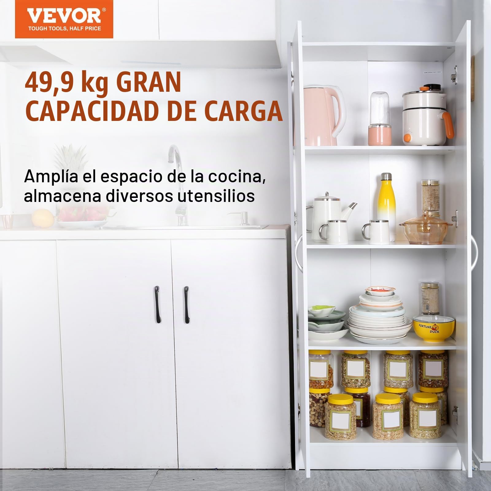 VEVOR Gabinete de Despensa de Cocina, Gabinete de Almacenamiento de Despensa de Alimentos de 305 x 610 x 1529 mm, Gabinete de Almacenamiento Independiente con 3 Estantes(2 Ajustables), Blanco