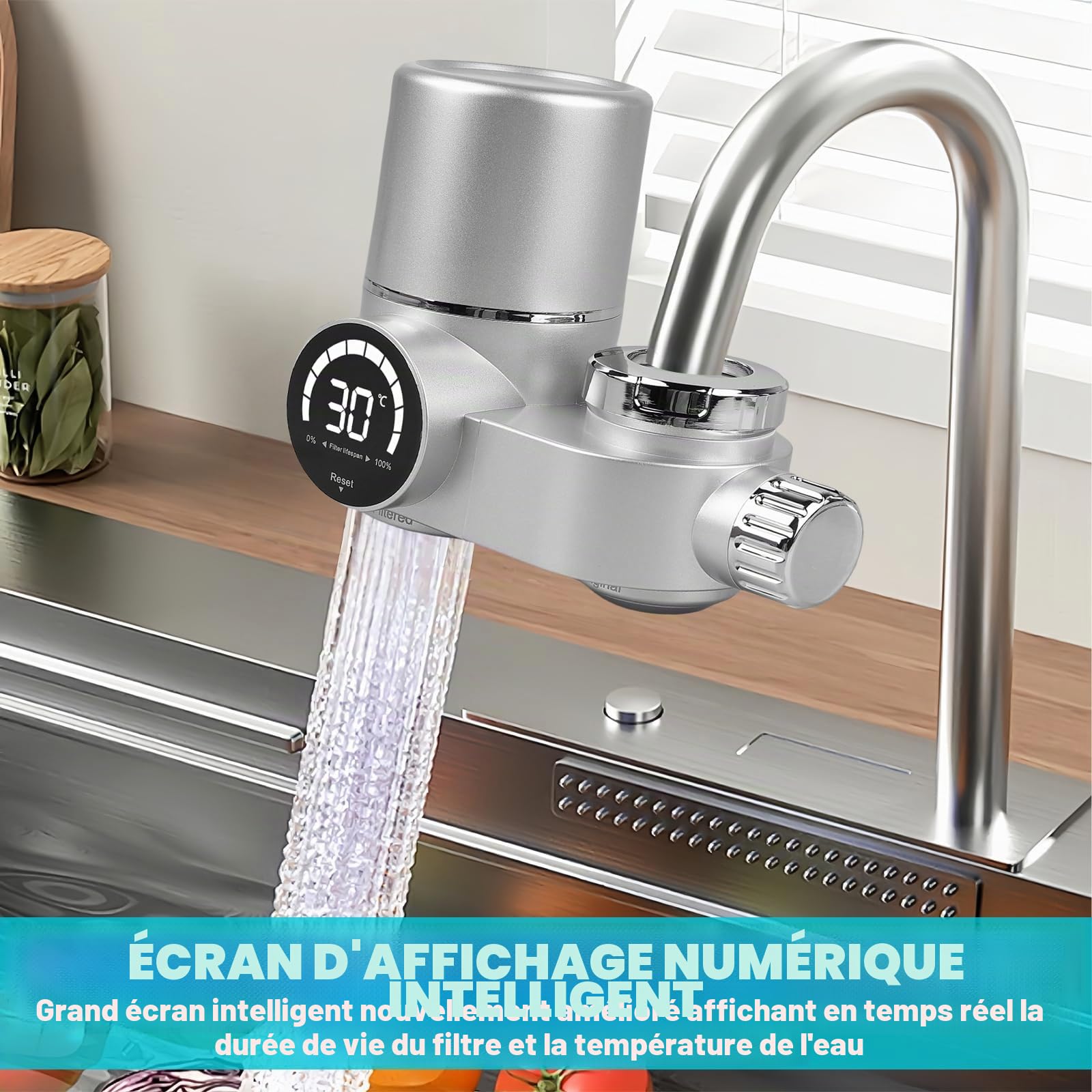 Filtre à eau pour robinet avec affichage LED, filtre à eau robinet filtre à eau potable élimine le chlore, les métaux lourds, stérilisation UV filtre à eau du robinet (avec filtre) pour cuisine