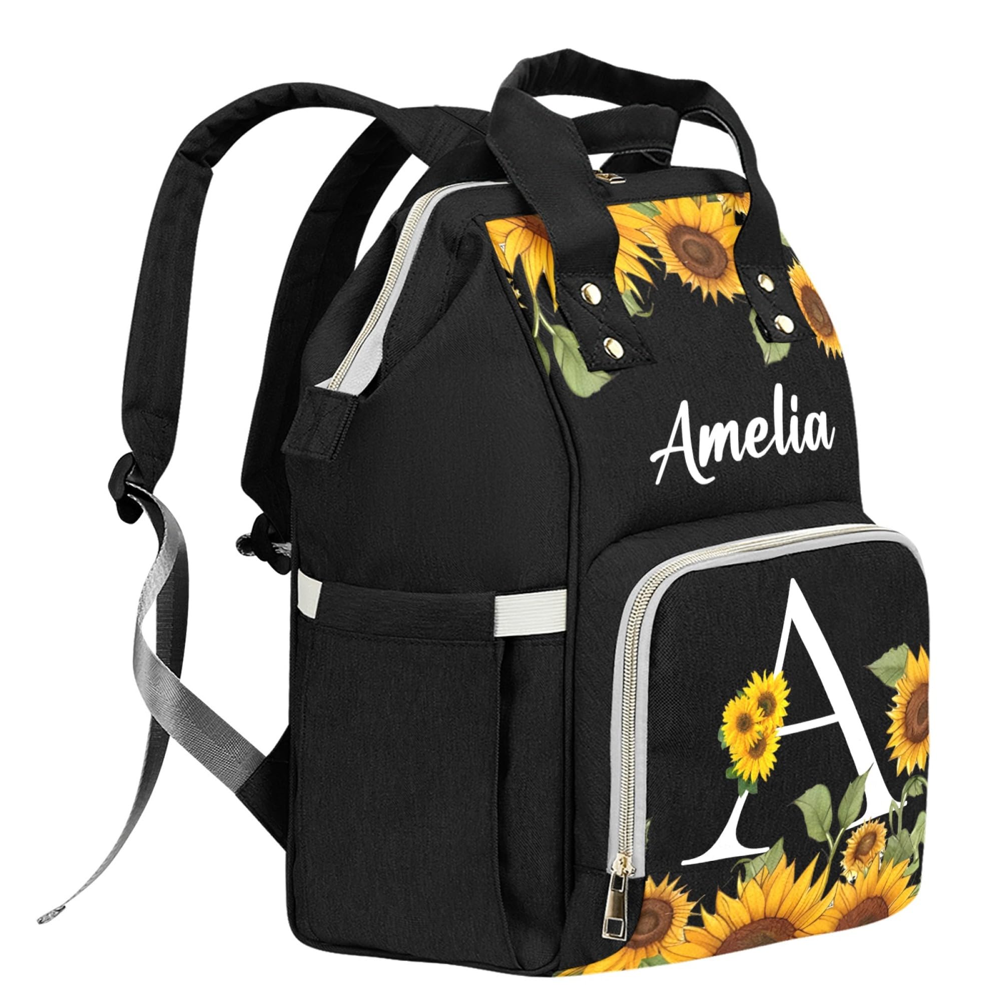 HUTARIO Custom Diaper Bag for Girl Sunflowers Decor Personalized Nylon Mommy Backpack with Name, Waterproof, Multifunctional