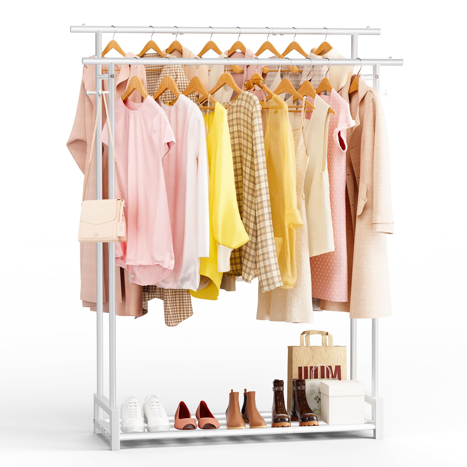 Clothes Rack for Hanging Cloth,Double Rods Metal Clothes Rack with Storage Shelf and Coat/Hat Hook, Freestanding Clothing Rack for Bedroom, Laundry, Cloakroom, White
