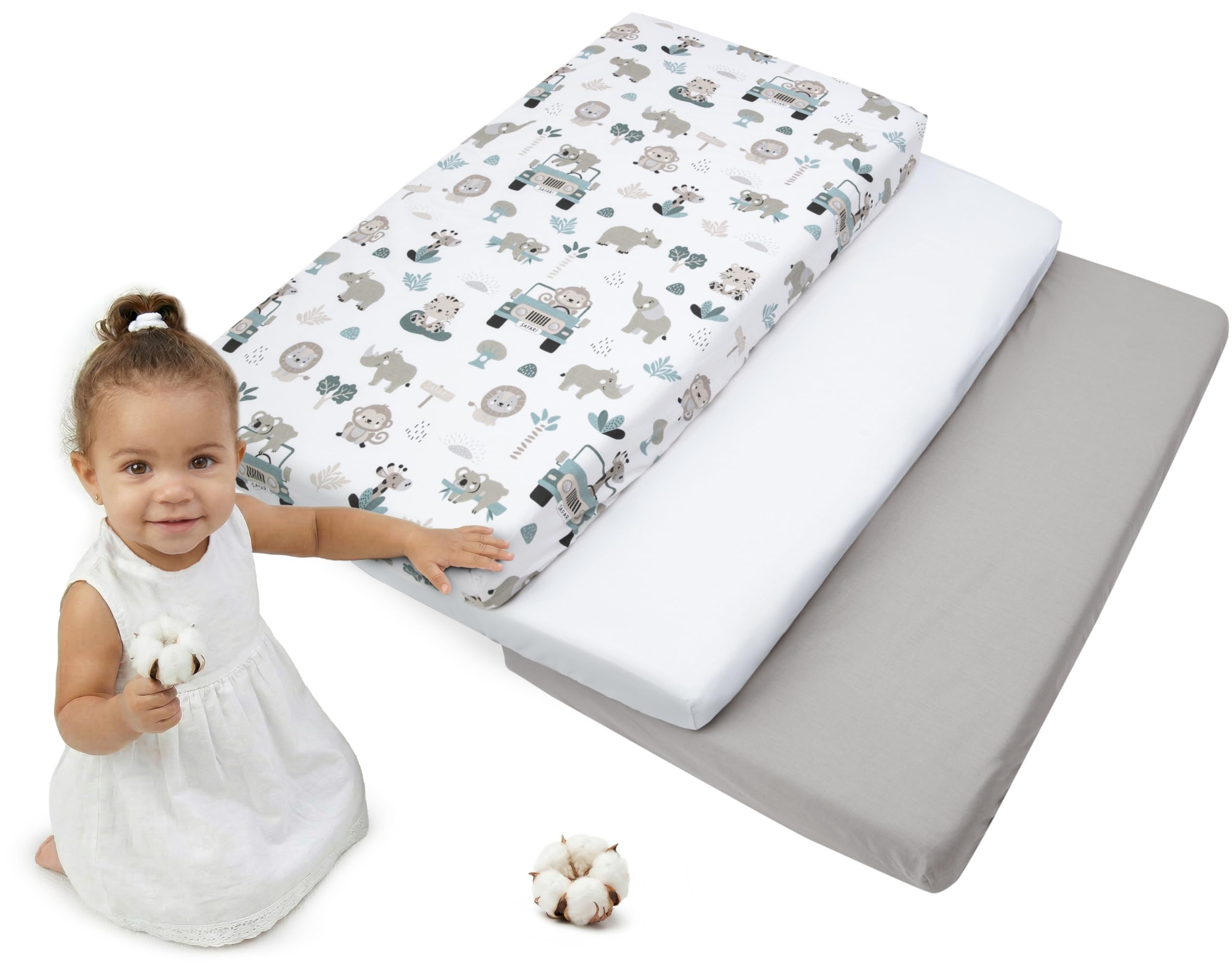 Medi Partners Lenzuola Lettino Set 3 Neonato 60x120-100% Cotone Lenzuolo con Angoli Culla Coprimaterasso fitted Materassino Sheet Letto Bambino Lenzuolino (Zoo Di Menta-Bianco-Grigio)