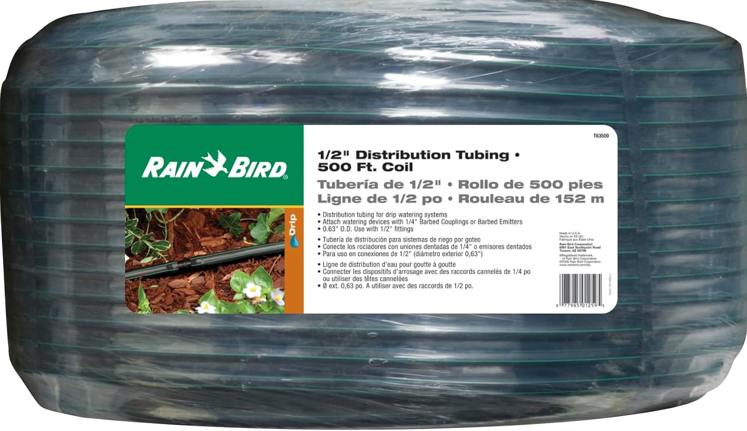 Rain Bird T63-500S Drip Irrigation 1/2" (0.634" OD) Blank Distribution Tubing, 500' Roll, Black