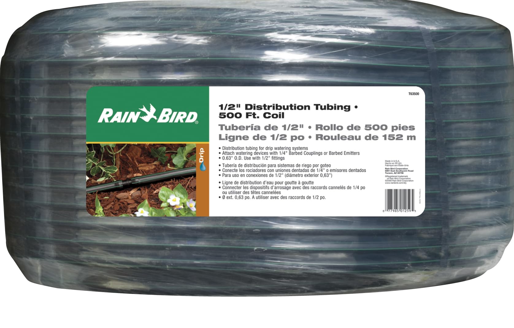 Rain Bird T63-500S Tube de Distribution Vierge 1,27 cm (diamètre extérieur 1,6 cm) Rouleau de 150 m, Noir