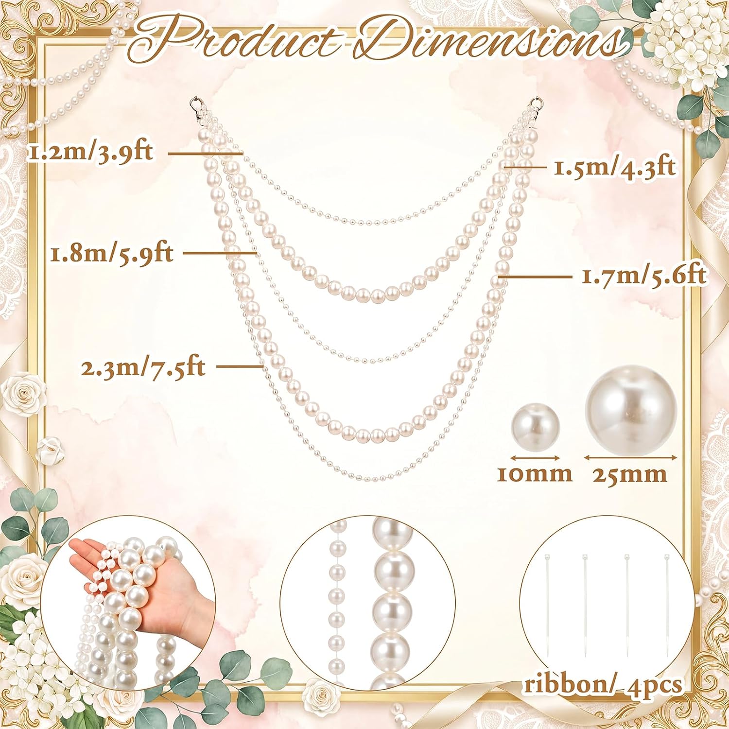 Suncalla 5 Pcs 3.9ft-7.5ft Wedding Giant Pearl Garland Decoracion Set, 10mm-25mm Large Faux Pearl Beaded Garland for Decorating Wedding Ceremony, Photo Booth Backdrop, Bridal Shower, Proposal & Party