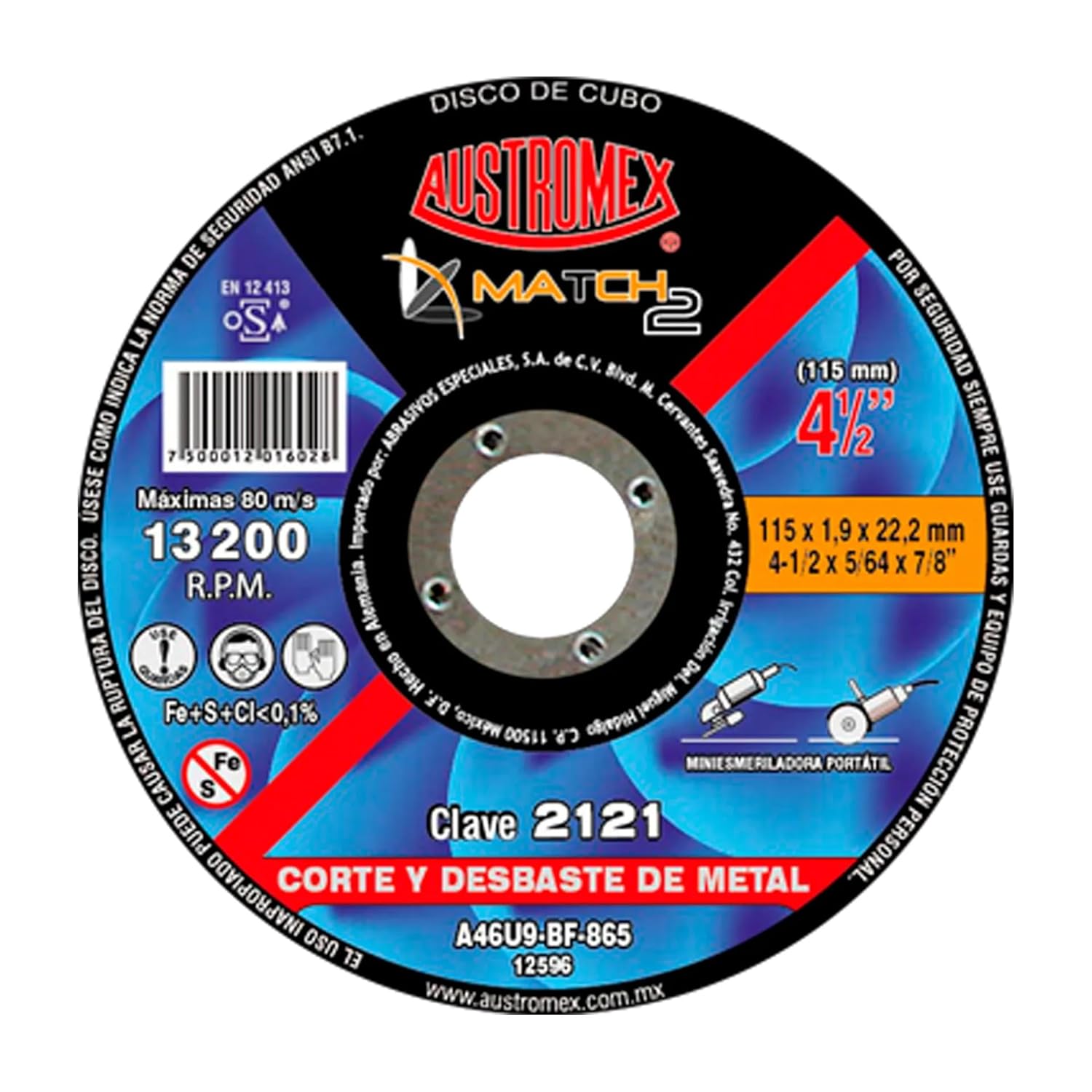 Austromex 2121 Abrasive Disc for Cutting and Grinding Carbon Steel, Stainless Steel, Galvanized Parts, and Structural steels, 4-1/2 x 5/64 x 7/8 inches.