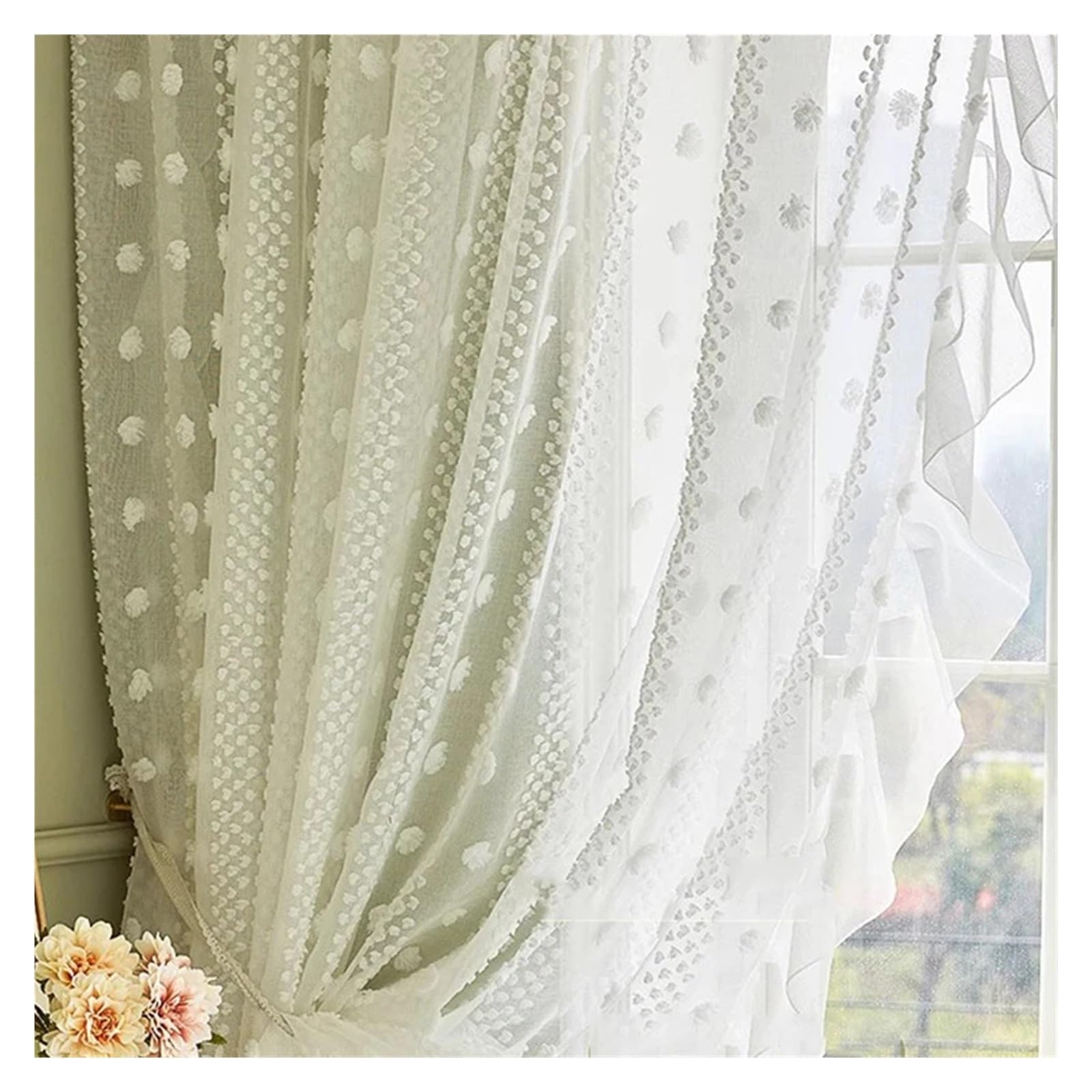 HEUchuan Ruffled Curtains 3D White Pompom Embroidery Tulle Striped Sheer Curtains for Living Room Ruffle Design Translucent Voile Window Drapes(GROMMET RING_1PC W100 X H130CM)
