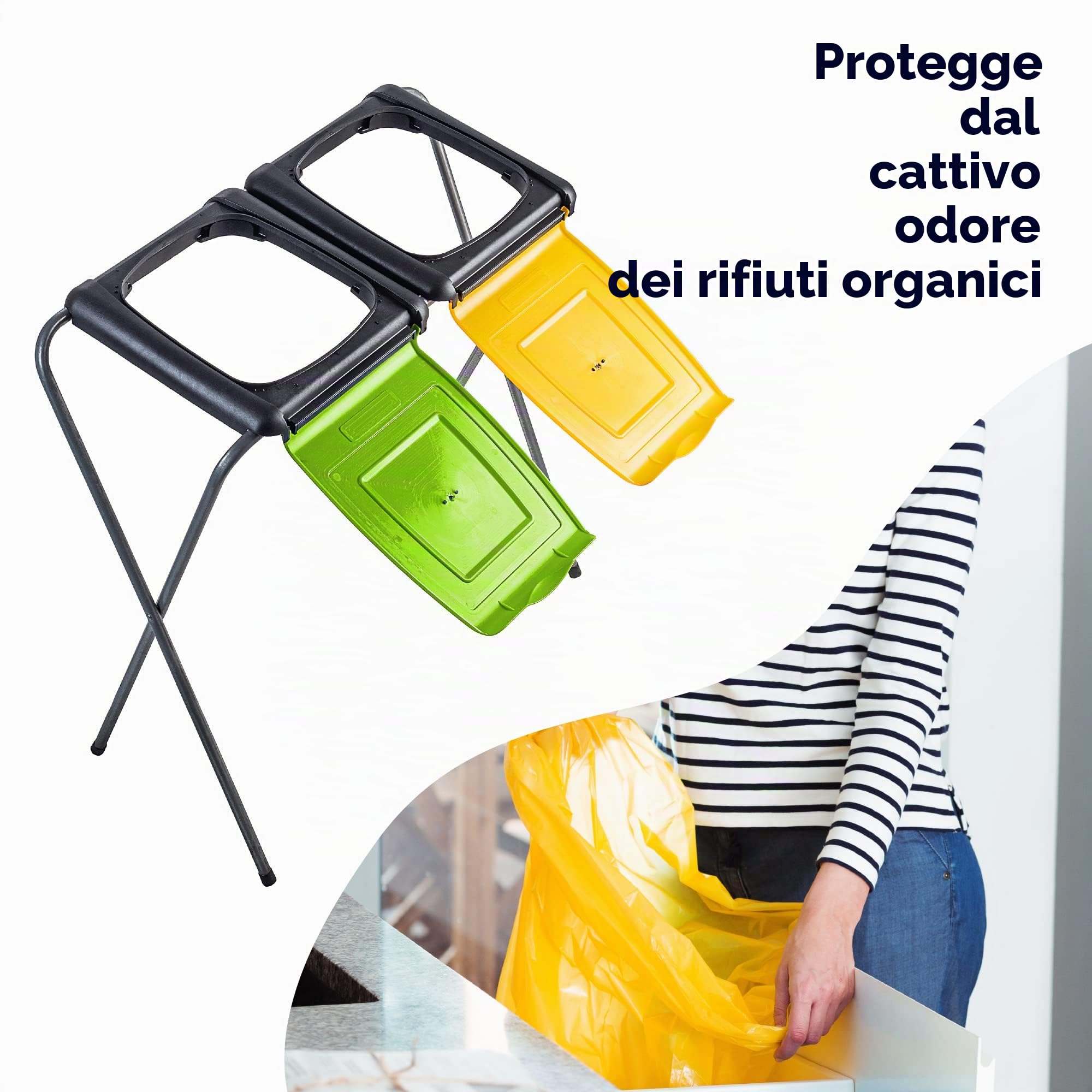 KADAX Supporto per Raccolta Differenziata Doppio v2, Stabile Supporto per Sacchi della Spazzatura con Coperchio in Plastica Giallo Verde Blu