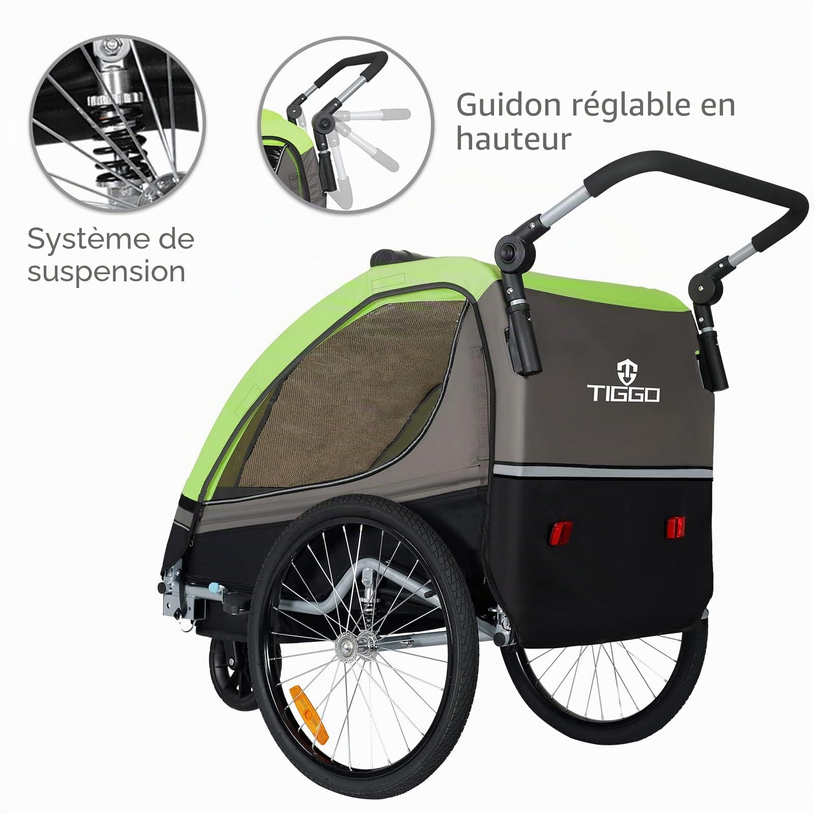 Tiggo S2 Remorque pour Enfants 2 en 1 Velo Suspension 5 Points Ceinture de securite 360° Roue Jogger Poussette