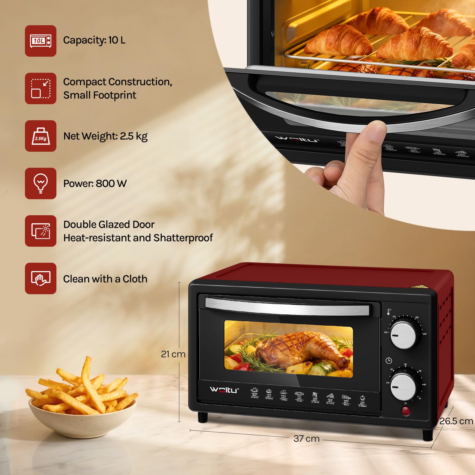 WOLTU minipiekarnik 12 litrów, toster 800 watt | Piec do pizzy | Blacha do pieczenia z minipiekarnikiem z timerem do pizzy, tostów, indyka, czerwonych hot-dogów