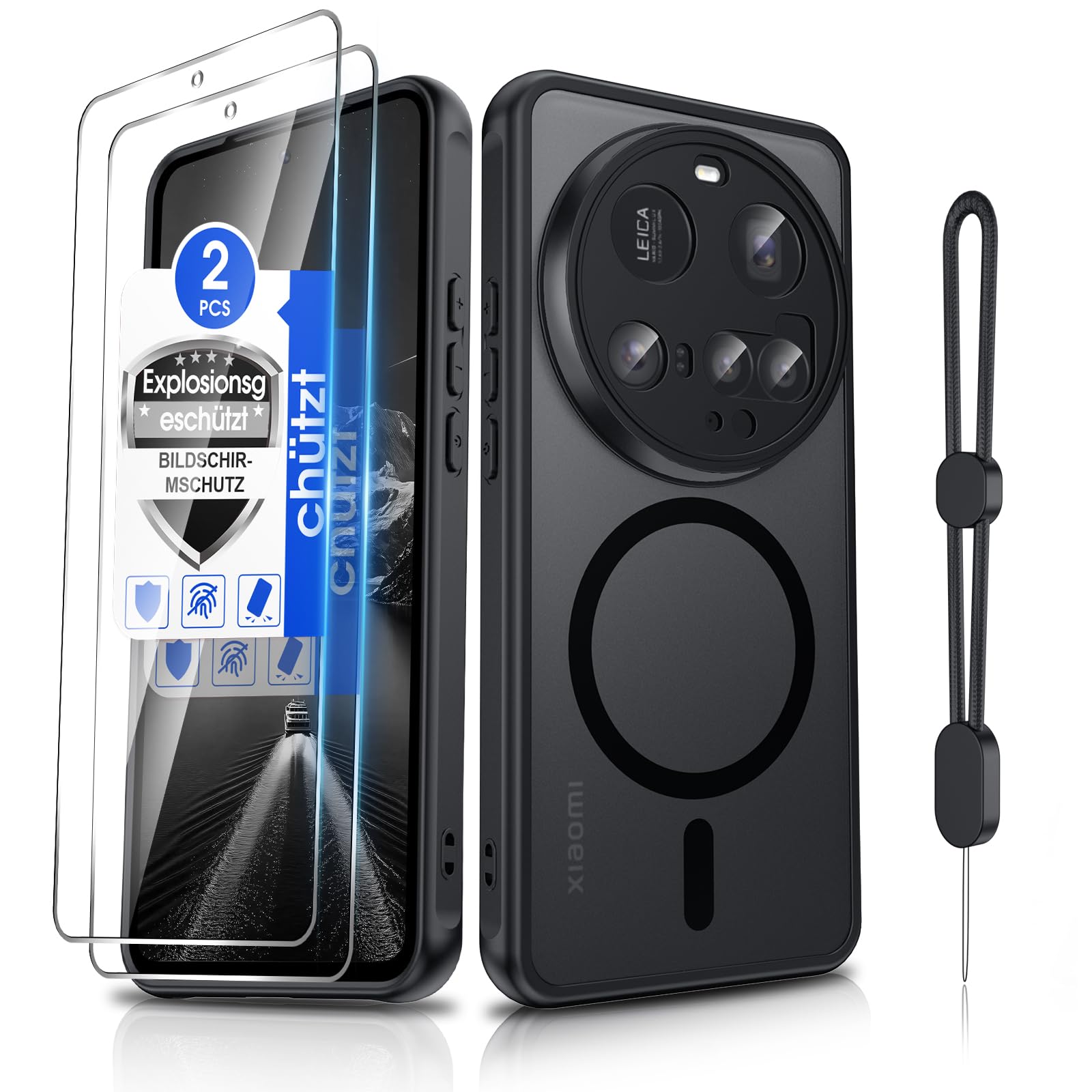 Dizn Hülle für Xiaomi 15 Ultra für MagSafe & 2 Schutzfolie Folie, Magnet Case mit Band, Matt Transparente HandyHülle,Militärstandard Schutz, Magnetisch Handyhülle für Xiaomi 15 Ultra,Schwarz