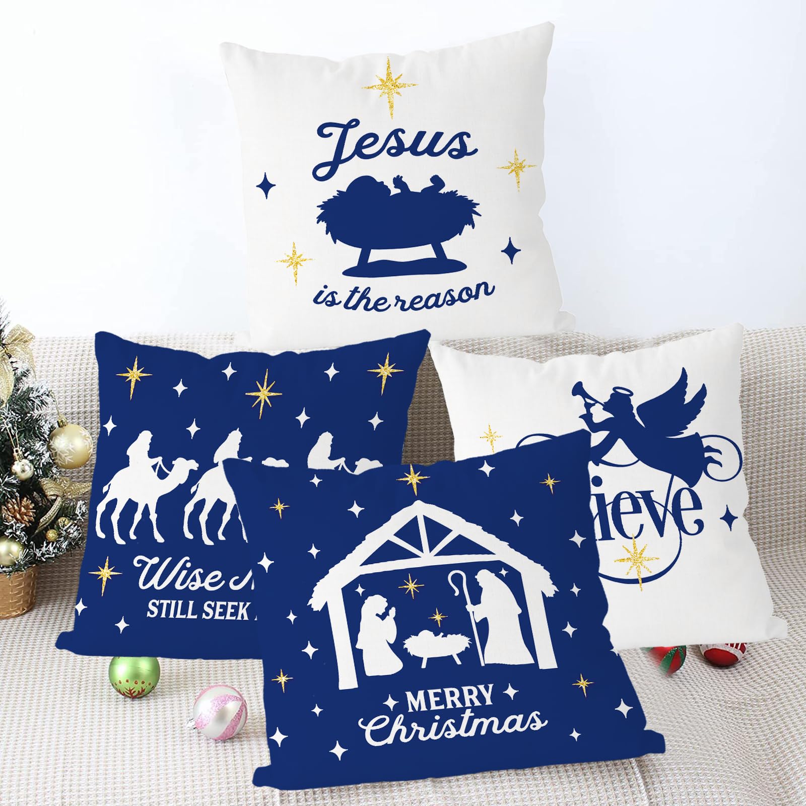 4-Piece Christmas Nativity Scene Pillow Covers Set - 18x18 Inch, Farmhouse Holiday Decor
