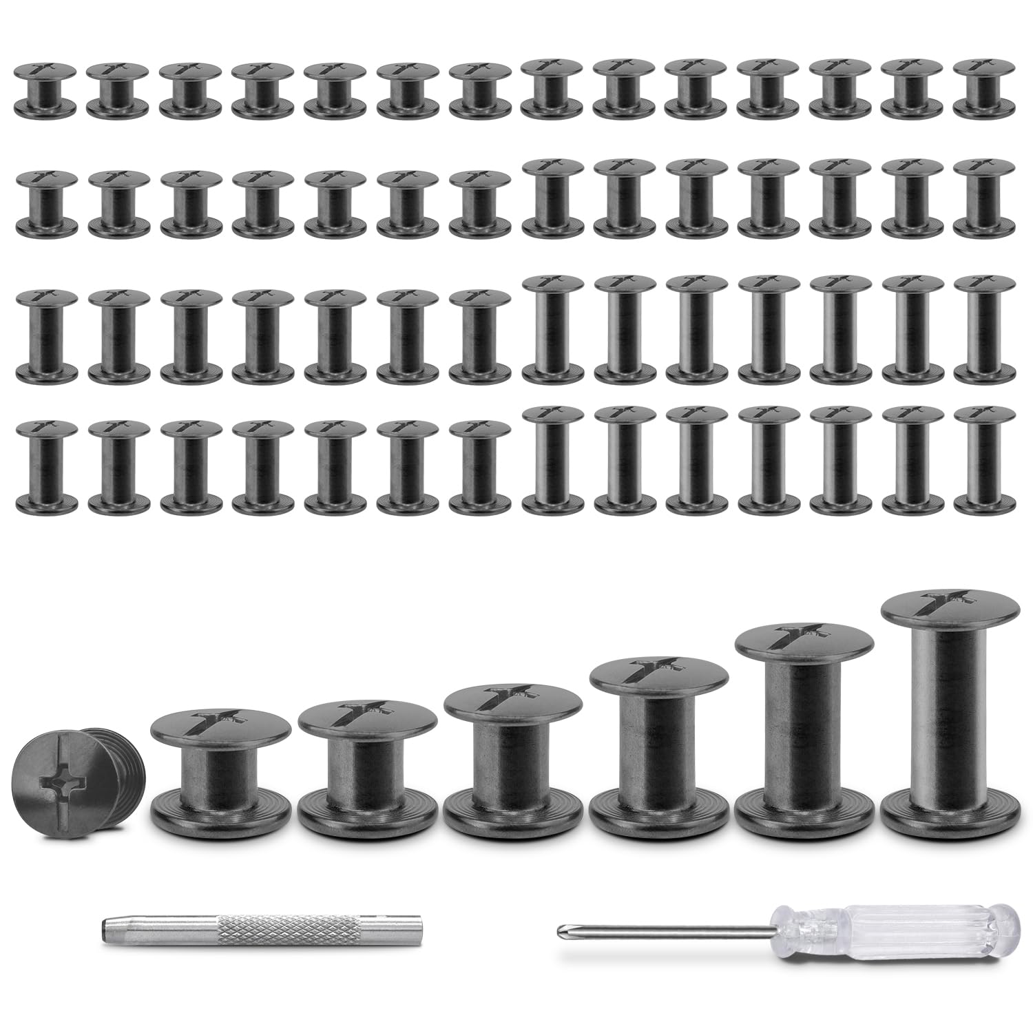 120-Set Chicago Screws & Rivets Kit – M5 Assorted Lengths (4–12mm) For Leathercraft, Belts, Bags, Shoes, Bookbinding – Silver