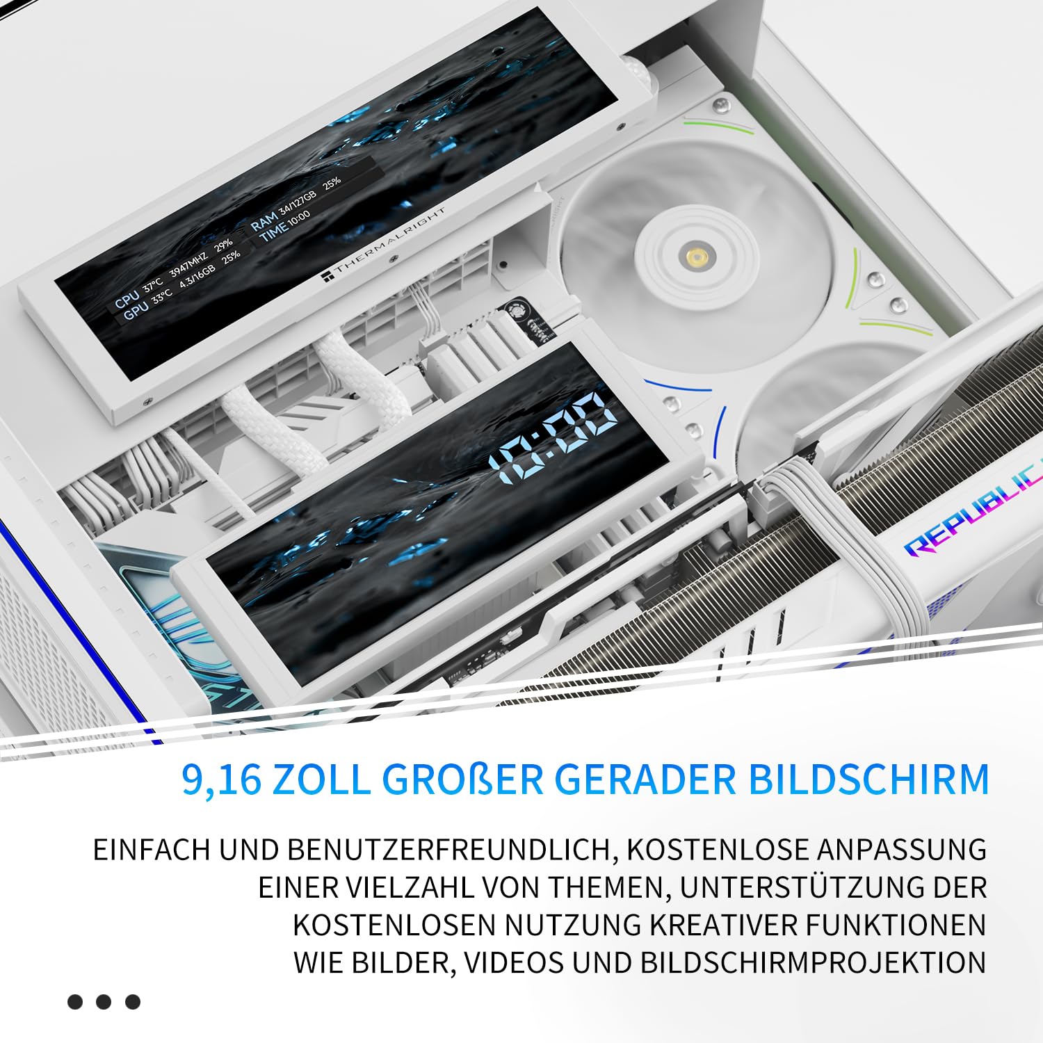 TR-Thermalright A70 Vision bianco con alloggiamento per PC espandibile display LCD da 9,16", connettore USB-C, telaio robusto ottimizzato per il gioco, universale con barra luminosa lineare ARGB
