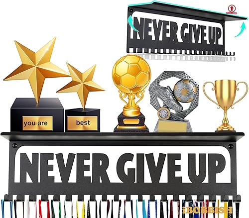 Miniatura 7 de Percha antideslizante para medallas, nunca te rindas con 20 ganchos para trofeos, exhibición de medallas para pared con 16 pulgadas, exhibición de