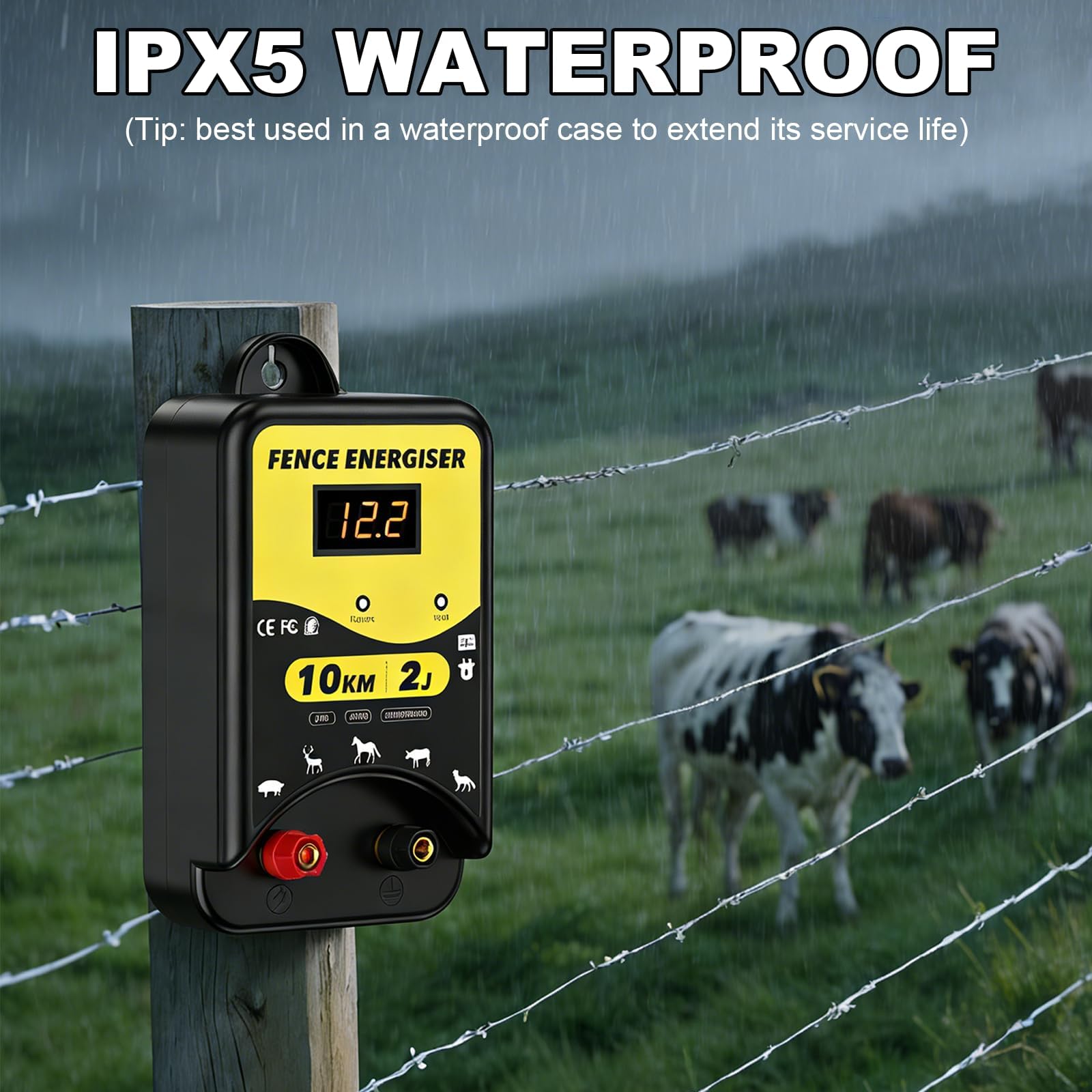 Energizador eléctrico de valla de 12 voltios, funciona con pilas, conectores 2J, alcance de 10 km, IPX5 impermeable con pantalla LED, resistente a la intemperie para caballos y otros animales