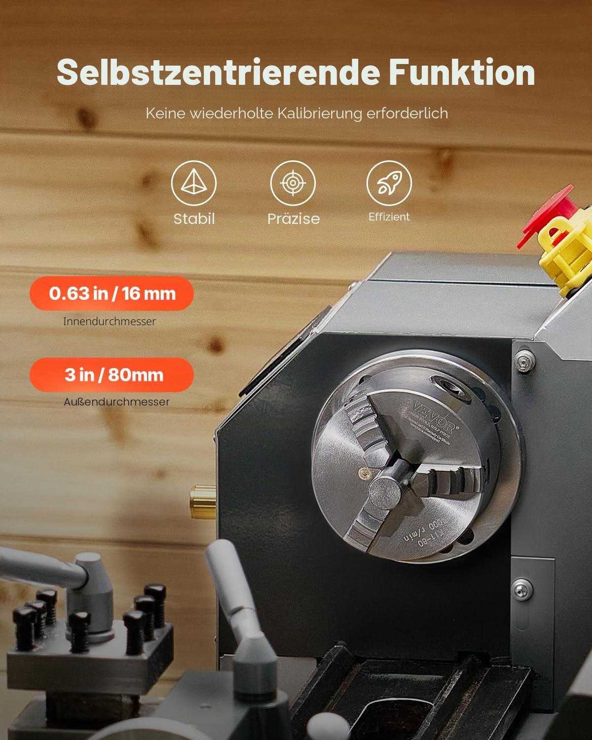 VEVOR 3-Backen-Drehfutter, 80 mm, selbstzentrierendes Spannfutter, 2-63 mm Spannbereich mit T-Schlüssel-Befestigungsschrauben, umkehrbare Backen, HT300-Material, für Holz-Metall-Drehmaschine