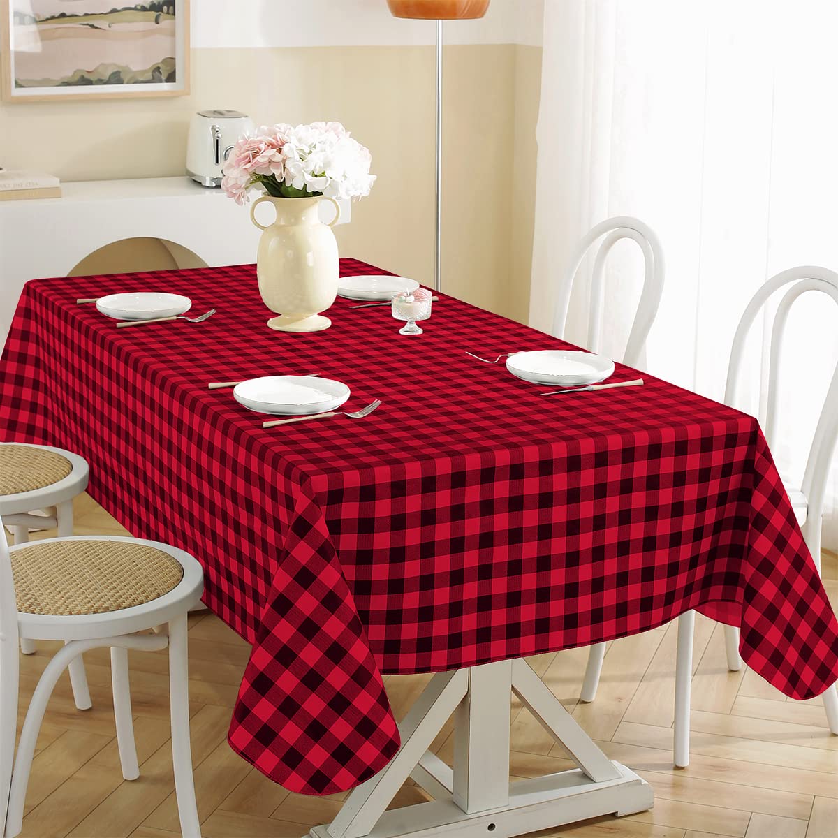 SASTYBALE Red and Black Checked Rectangular PVC Tablecloth, 60 x 120 Inch / 152 x 305 cm Oilcloth Tablecloth with Flannel Backing, Waterproof Wipe Clean Table Cover for Christmas Dining Party