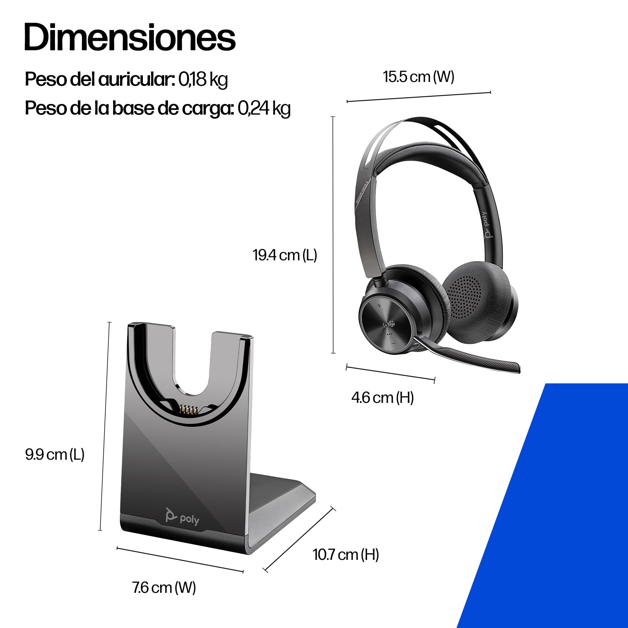 Poly Voyager Focus 2 Auriculares inalámbricos UC con micrófono y soporte de carga: compatible con PC a través del adaptador BLUETOOTH BT700 incluido o mediante cable USB