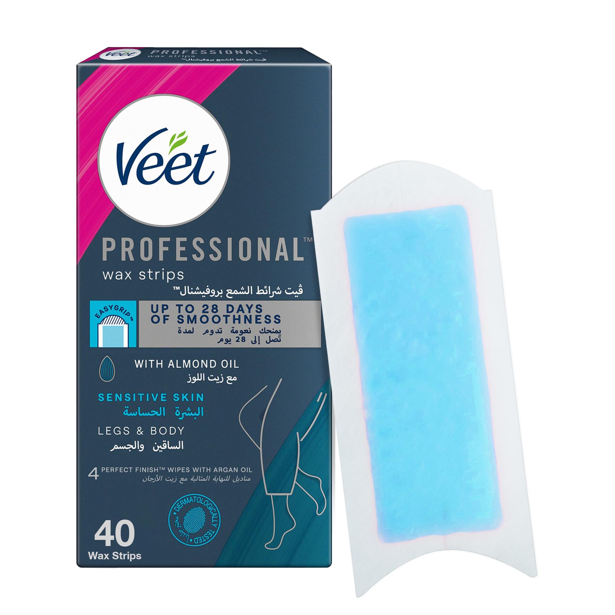 Professional Hair Removal Easy-Gel Legs & Body Wax Strips with Almond Oil for Sensitive Skin, 40 Strips