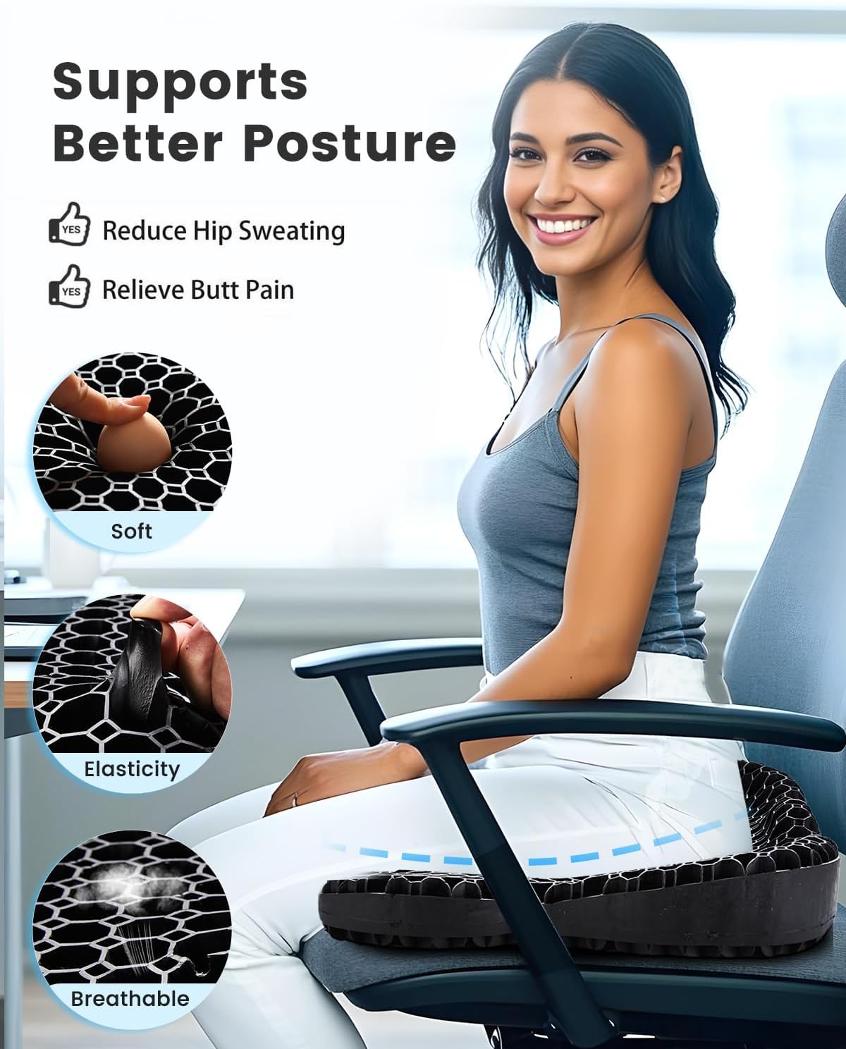 Cojín de gel para asiento de oficina o silla de ruedas, transpirable, suave, de panal de abeja, 19.5 x 16.1 pulgadas, cojín para silla de huevo, apoyo lumbar, alivio de presión, cojín de