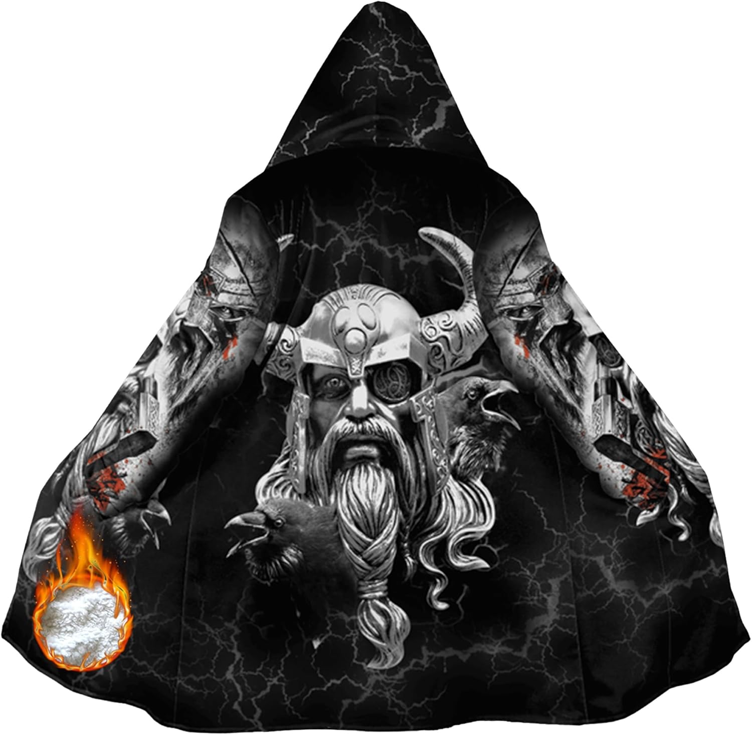 Odin God Tattoo Mens Winter Hooded Coat Viking Warm Novelty Mid-Length Cloak With Hooded Pagan Casual Parka Jacket