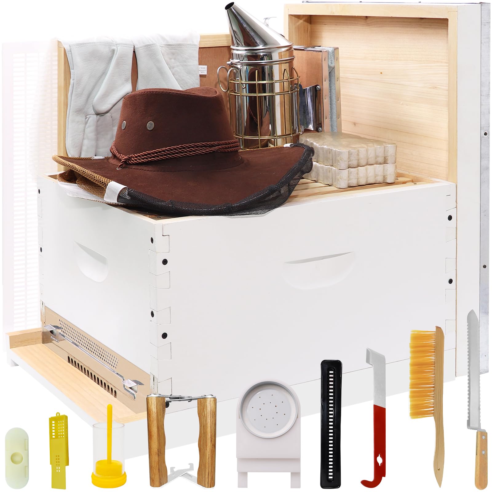 BeeTech Newest 10 Frame Beehive Starter Kit Hand Painted Includes Beekeeping Supplies Tools and Cowboy Bee Hat