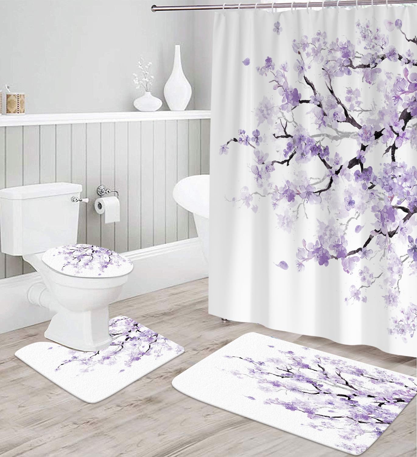 Purple Cherry Shower Curtain Set 4 Pcs Spring Sakura Floral Plum Bathroom Decor with Rugs Blossom Flowers Japanese Asian Mat Toilet Lid Cover U Shaped Non-Slip Fabric Polyester 60x72 Inch
