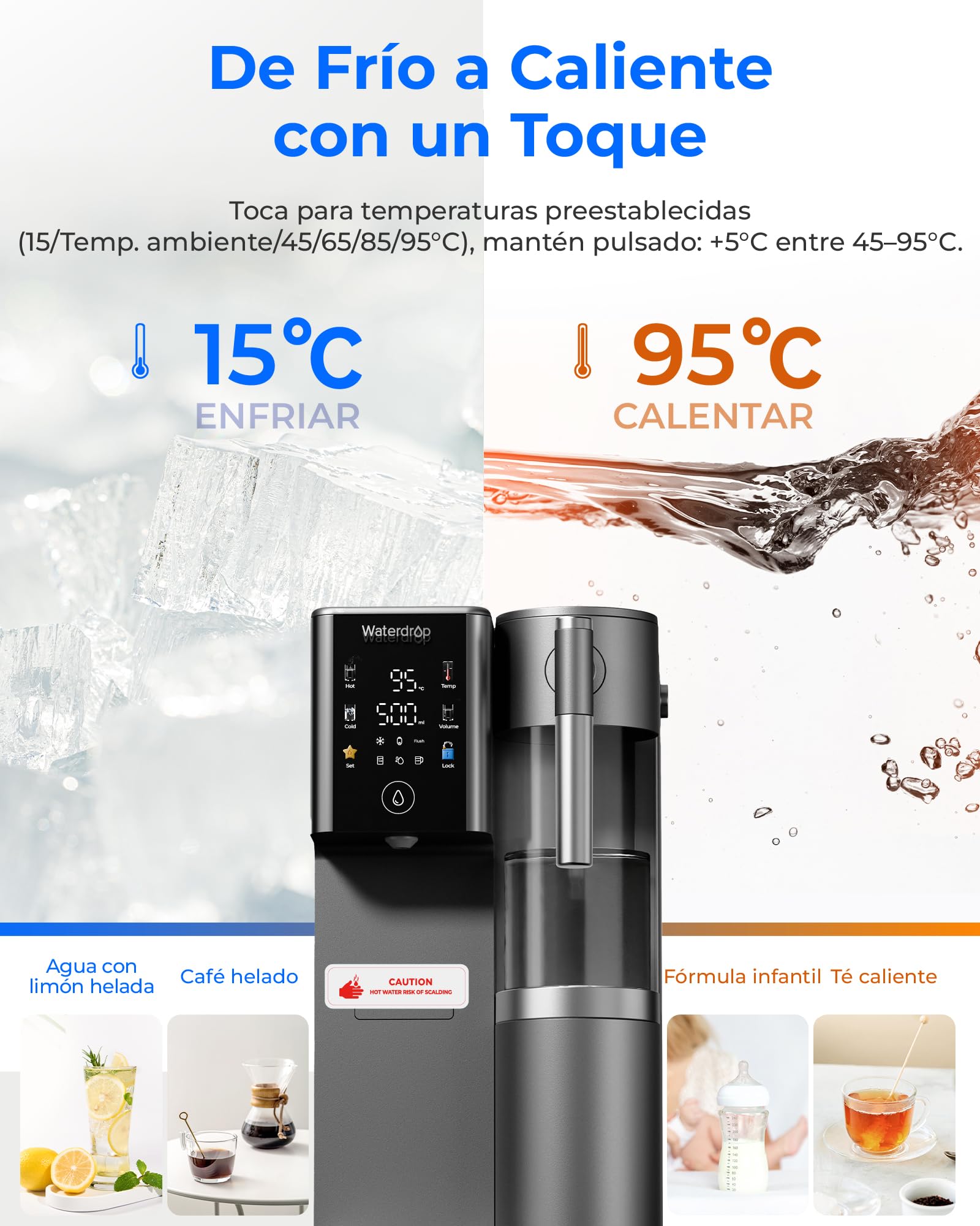 [𝐌𝐢𝐧𝐞𝐫𝐚𝐥𝐢𝐳𝐚𝐝𝐚] Waterdrop WD-A2G Ósmosis Inversa de Sobremesa, RO Caliente y Fría, Tanque Portátil, Dispensador Sin Botella, 6 Temperaturas, 3:1 Pura/Drenaje