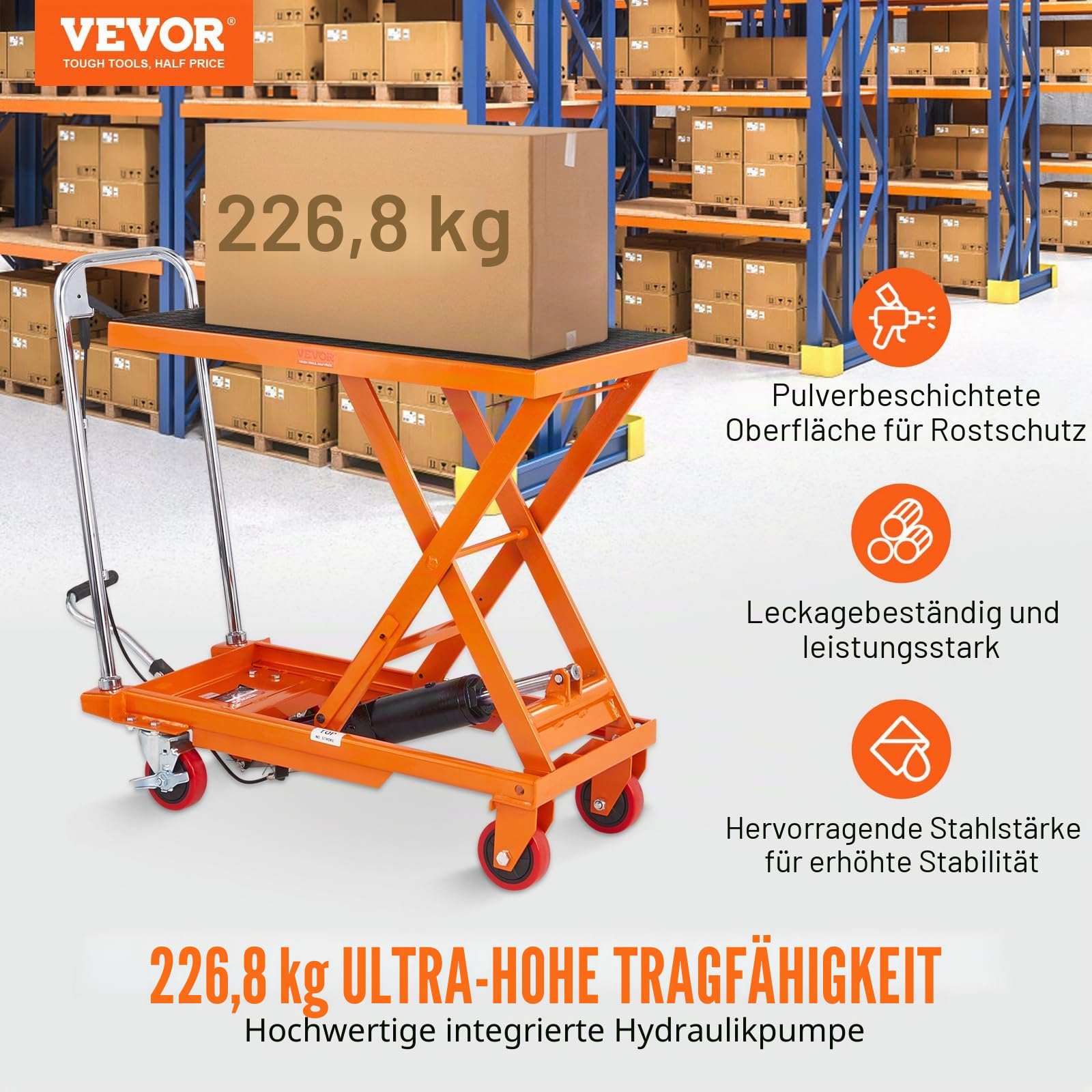 VEVOR Scherenhubtisch hydraulisch 230 kg Tragfähigkeit Hubtischwagen 220–720 mm Hubbereich Hubtisch Werkstatt 700 x 450 mm Plattform Scherenhubwagen Einzelschere für Fabriken Lagerhäuser Supermärkte