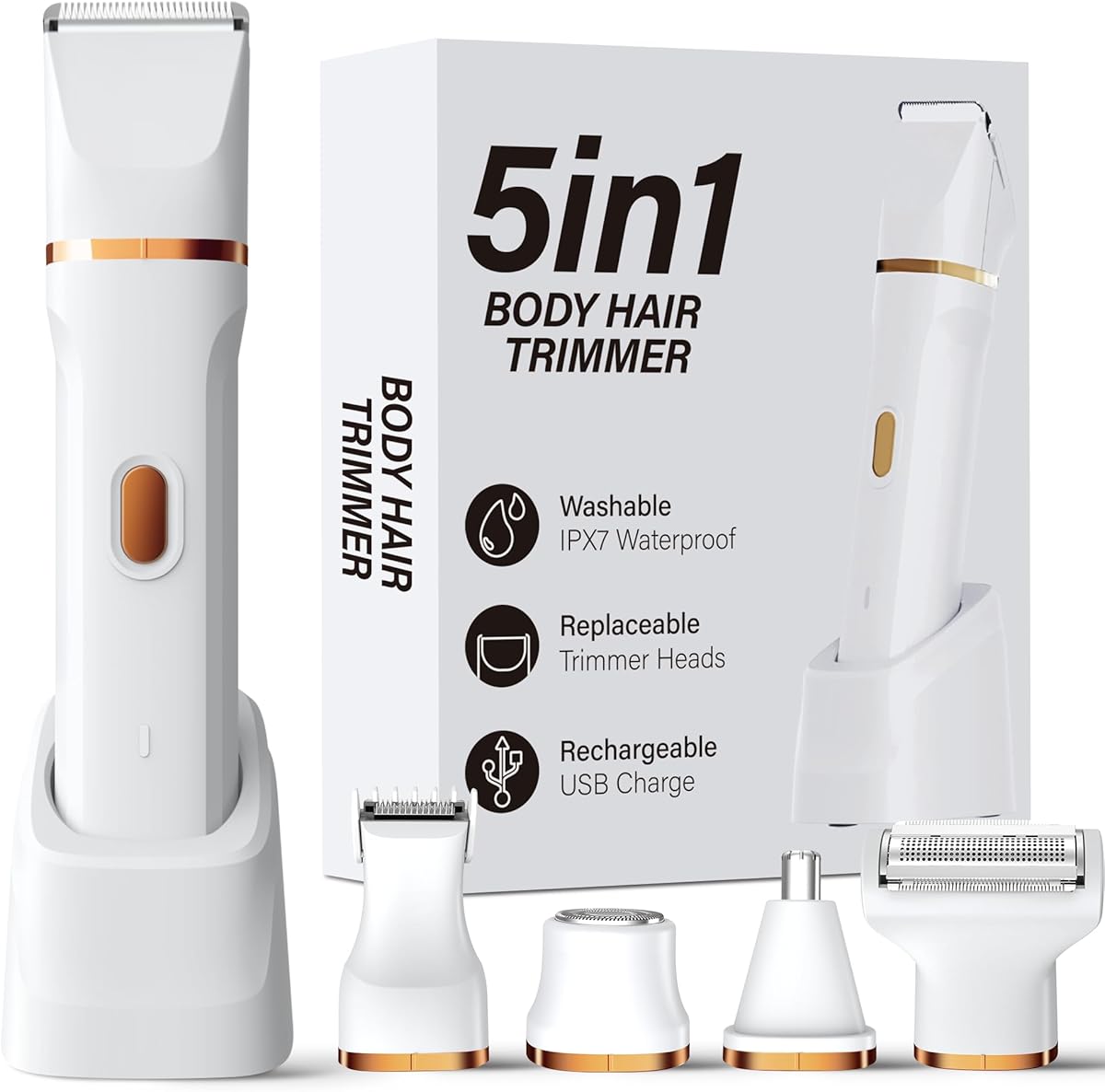 KINGTEE 5-in-1 Electric Bikini Trimmer for Women – IPX7 Waterproof Shaver, Cordless Body & Facial Razors for Women, Ceramic Blades, USB-C Rechargeable, Painless Hair Removal Kit (White)