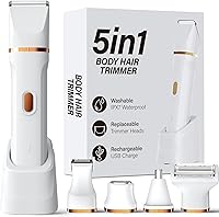 KINGTEE 5-in-1 Waterproof Bikini Trimmer for Women: IPX7 Cordless Shaver, Ceramic Blades, USB-C Rechargeable, Painless Body & Facial Hair Removal Kit (White)