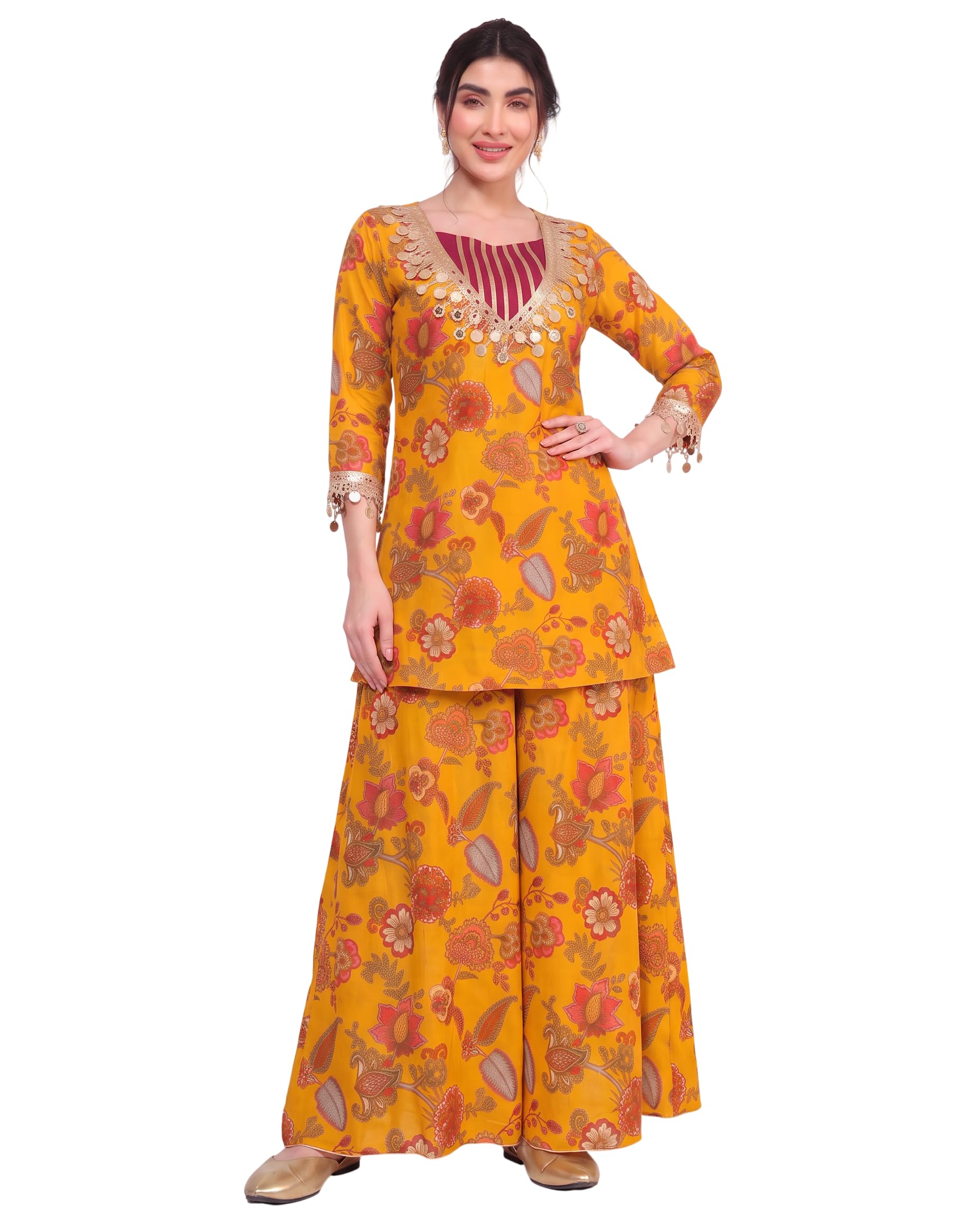 deebaco Floral Embroidered Chiffon Kurti With Crop Top & Dupatta Co-ord Set For Women's|3/4 sleeve V-neck Regular Fit Stylish Summer Fusion Casual Wear Ladies Cord Set (Multicolor)-picture-43