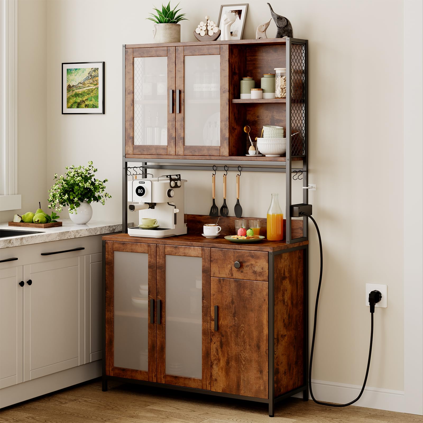 Dripex Küchenschrank 181cm Hoher Buffetschrank mit Arbeitsplatte, mit Steckdosen, Vorratsschrank Küche mit 5 Türen und eine Schublade, Hochschrank Küche für Wohnzimmer Esszimmer Bar, Industrie-Design