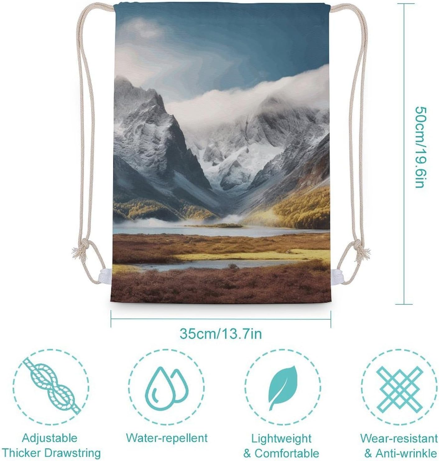 Canvas Drawstring Backpack Pull String Bags Travel Mountain Scenery Drawstring Backpack Bag for Women Men Sports Gym