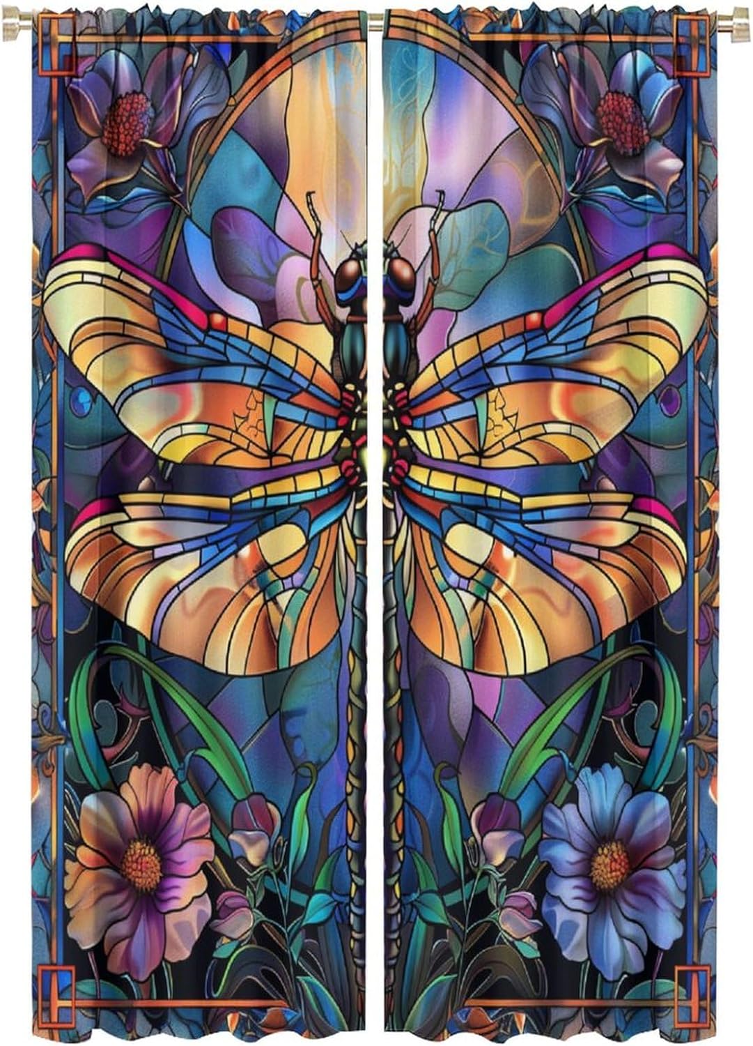 Colorful Abstract Dragonfly Blackout Curtains for Bedroom Living Room, Fantasy Stained Glass Insect Floral Curtains Rod Pocket Thermal Insulated Window Drapes, 2 Panels/Each 21" W x 63" L