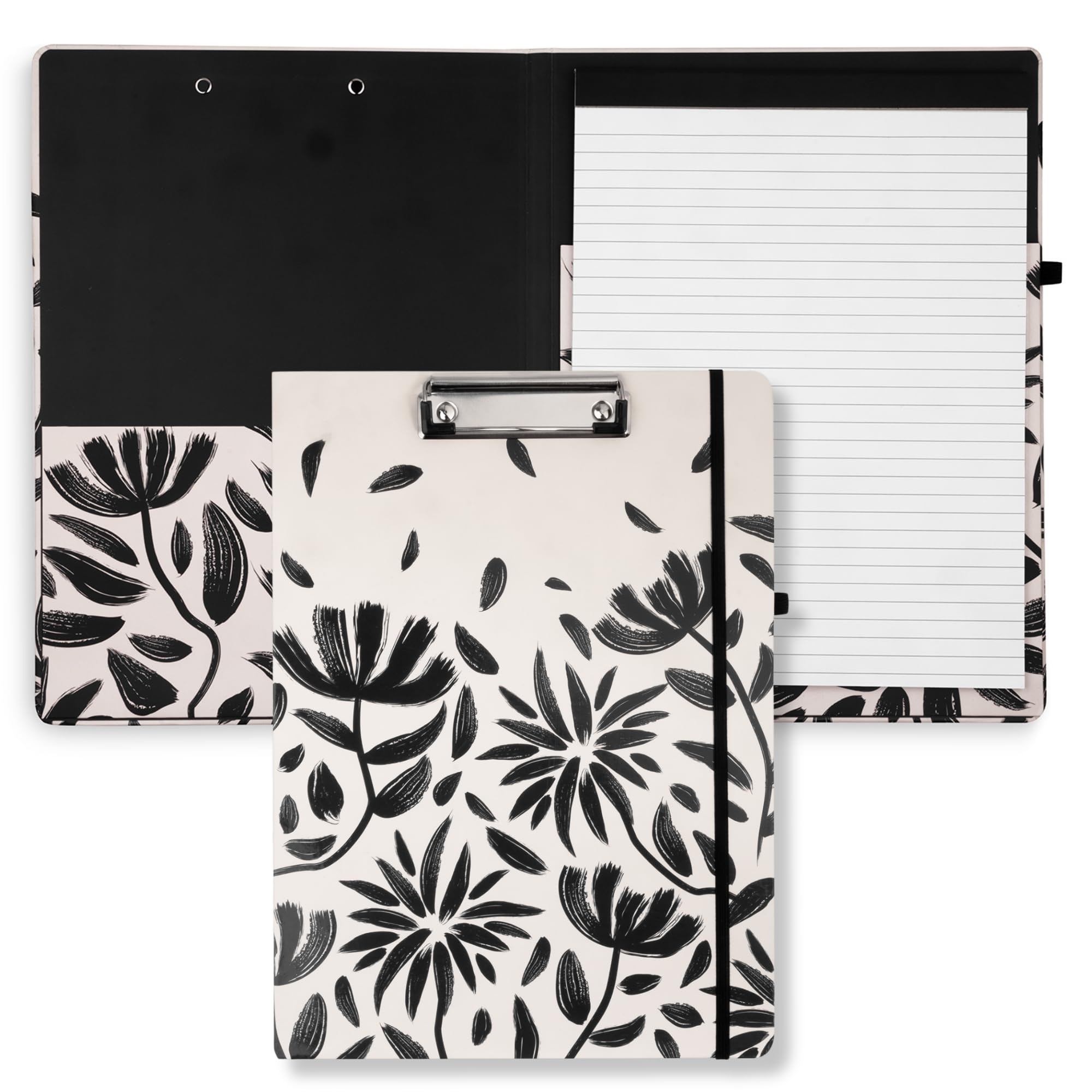 Steel Mill & Co Cute Clipboard Folio with Refillable Lined Notepad and Interior Storage Pocket, Padfolio for Work/Nursing/Teachers, Hand Drawn Black