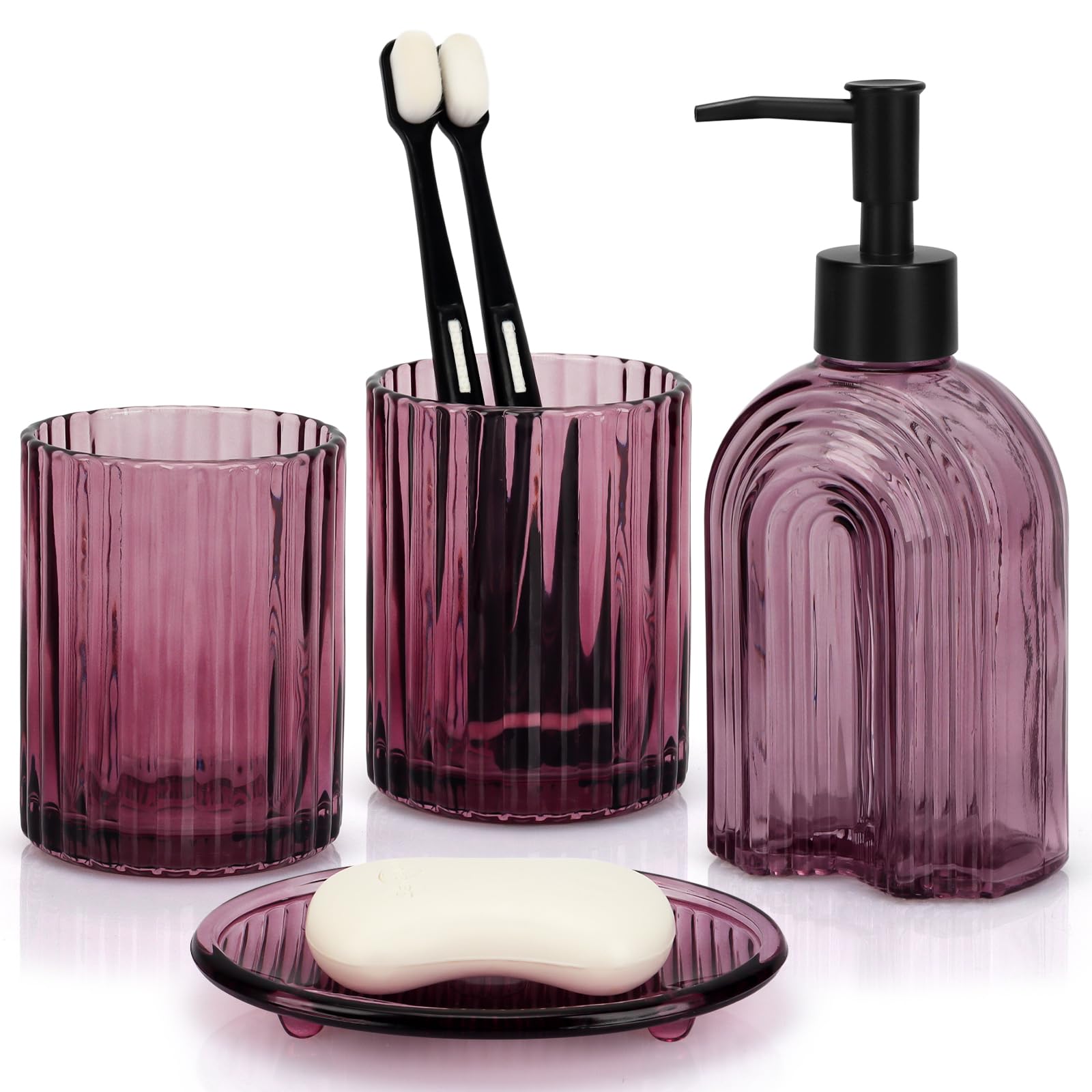 4Pcs Glass Bathroom Accessories Set – Arched Stripe Design Soap Dispenser, Toothbrush Holder, Tumbler & Soap Dish – Complete Vintage Bathroom Countertop Organiser Set for Home Decor (Purple A)