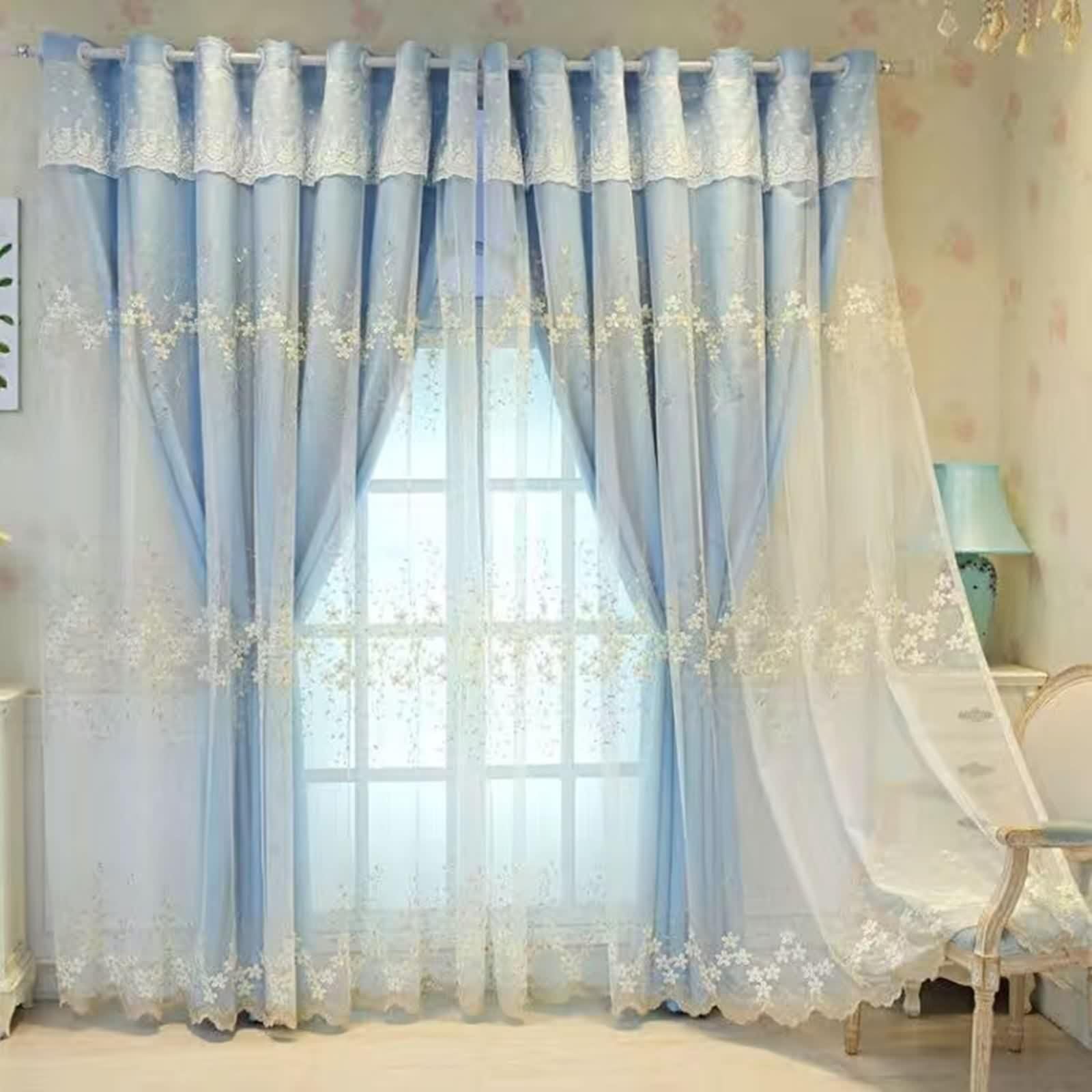 Rideaux Salon Bleu, Occultant Rideau Chambre Fenetre Lot de 2 Tissu Broderie en Dentelle Double Couche LxH 132x229cm