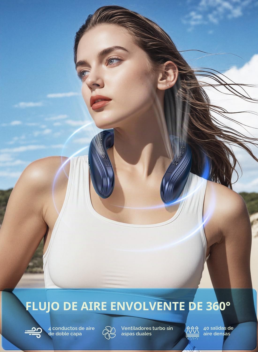 Aire acondicionado de cuello portátil, ventilador de cuello 2 en 1 para exterior/oficina/viaje (azul oscuro, K019)