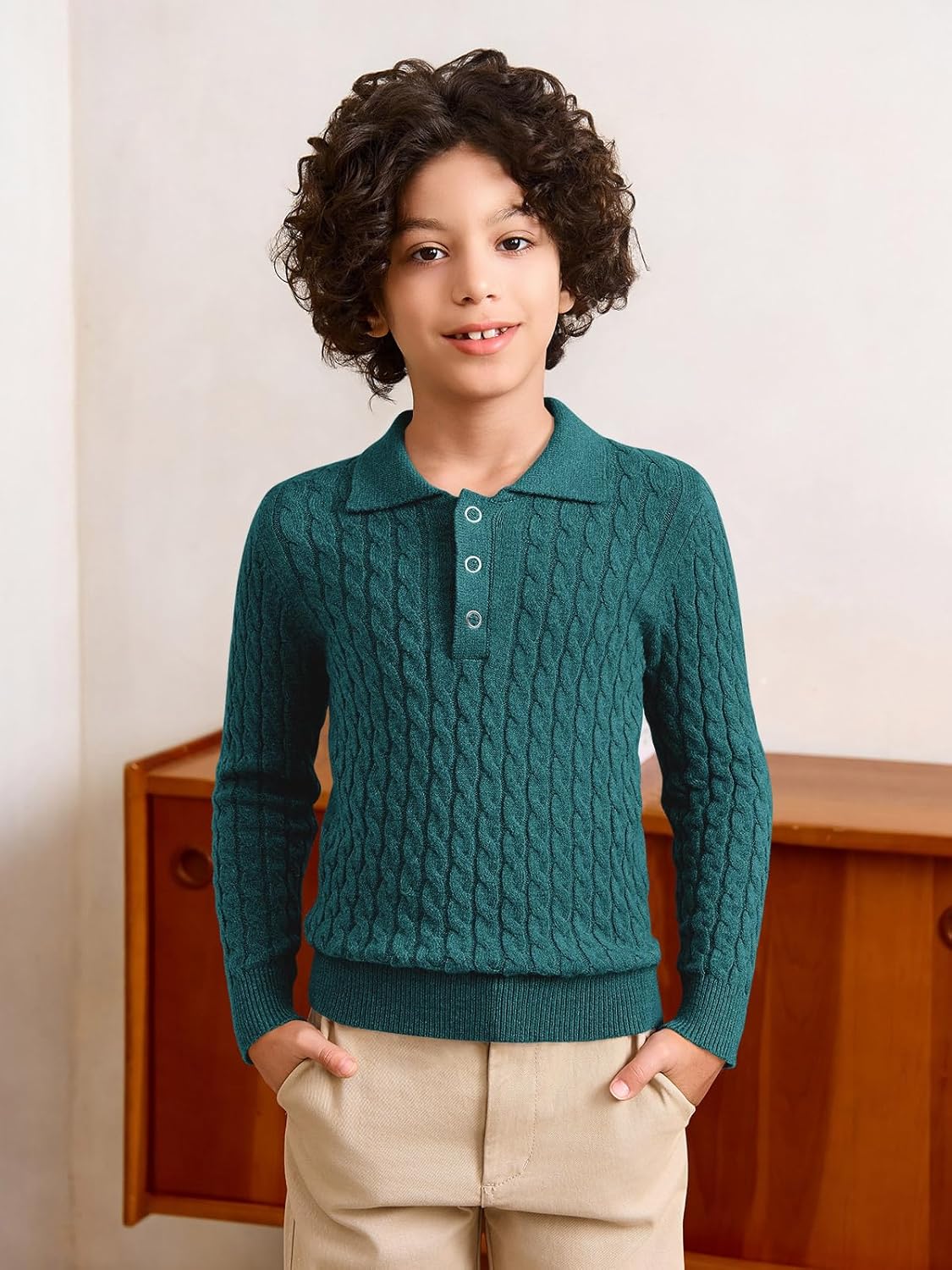 Haloumoning Boys Cable Knit Polo Shirt Kids Long Sleeve Sweater Fall Fashion Clothes 5-14 Years - Image 2