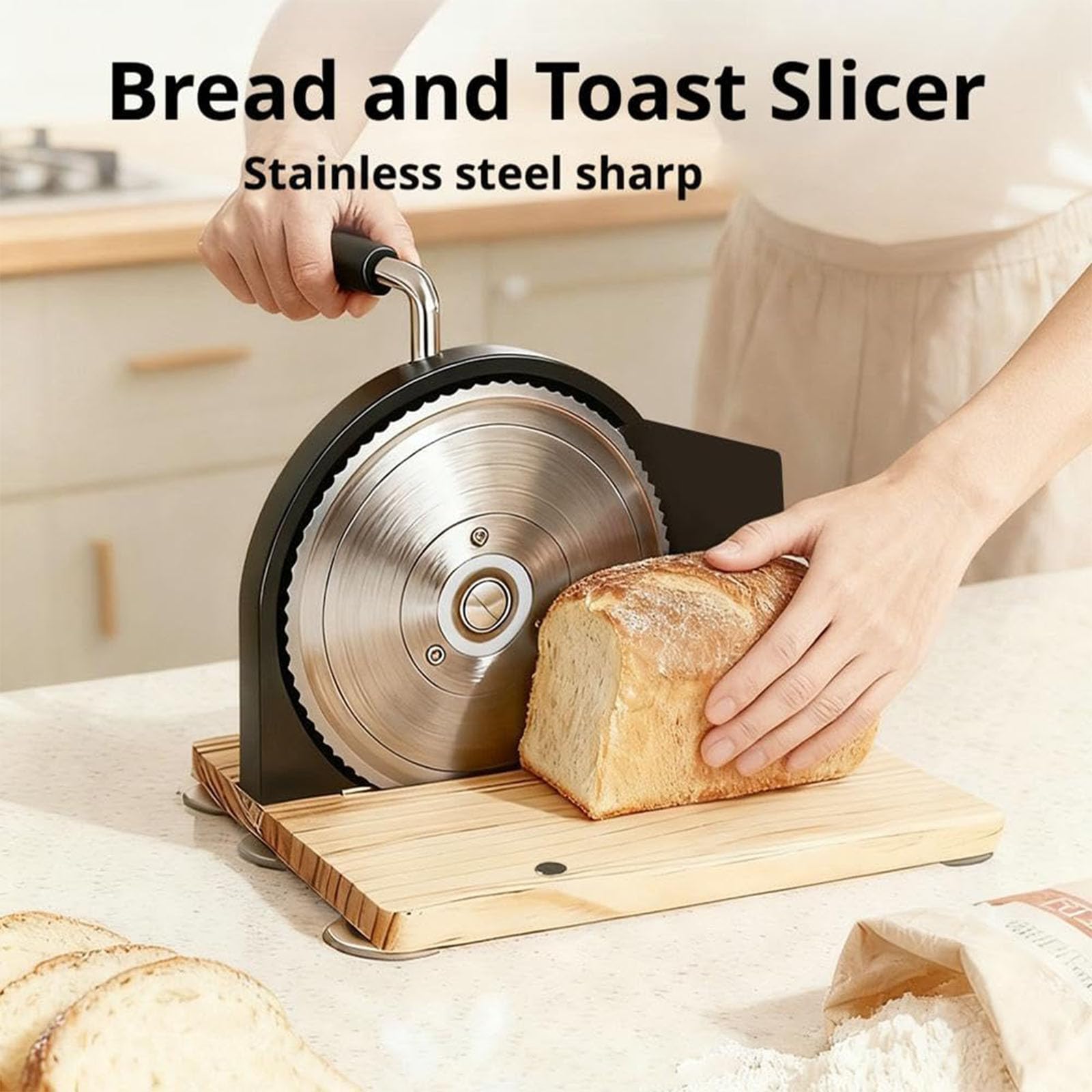 Cortador de pan manual con grosor ajustable, manivela de acero inoxidable, base de madera maciza, ventosas antideslizantes para masa madre, tostadas y pastelería
