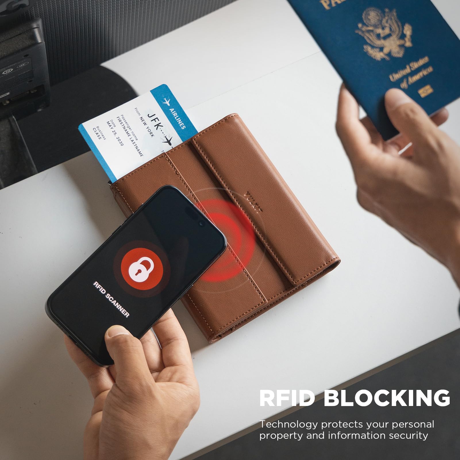 VULKIT Porta passaporto con blocco RFID per viaggi, copertura multifunzionale per passaporto per uomini e donne, progettato per viaggi a lunga distanza, grande capacità, funzione di supporto per