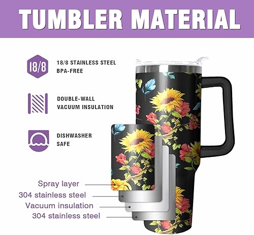 Miniatura 5 de Vaso de 40 onzas con asa y tapa con pajilla, Sumflower de doble pared al vacío, botella de agua caliente o fría, reutilizable, taza de viaje de