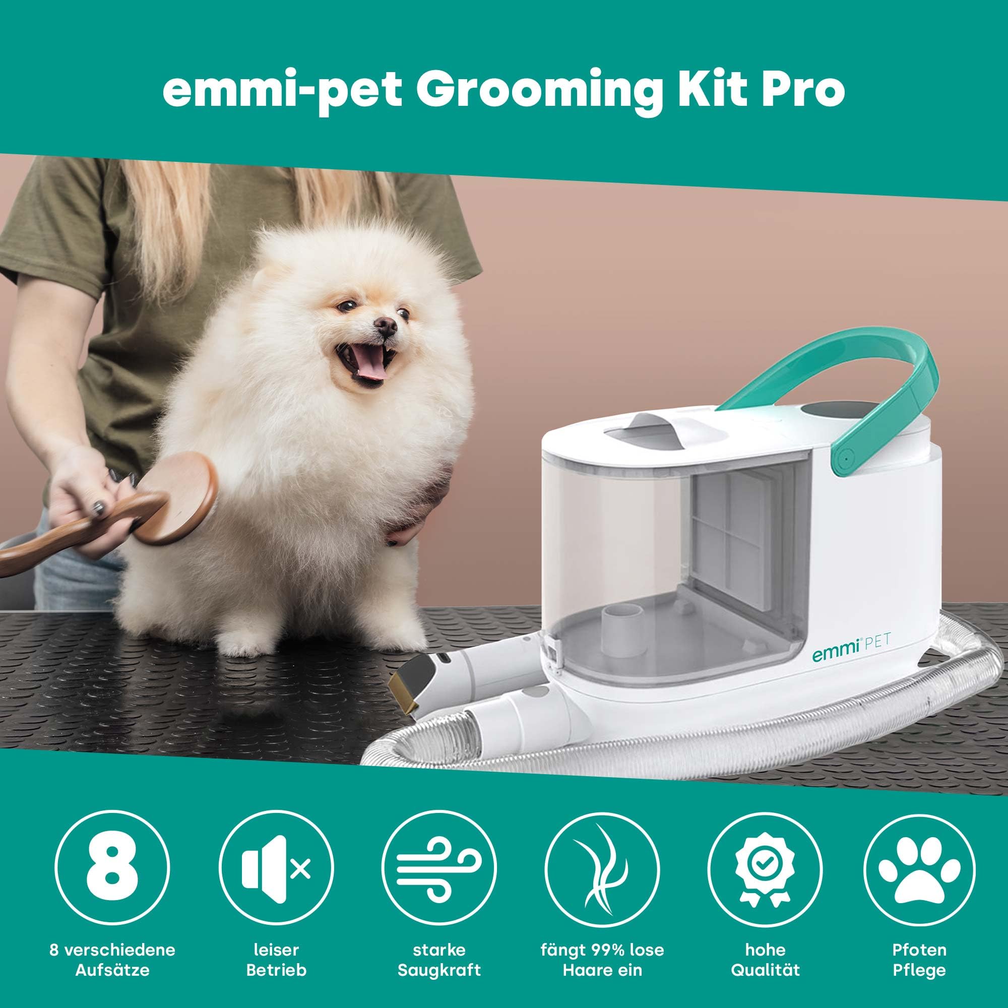 Emmi-pet Grooming Kit Pro – 8 en 1 – Esquiladora para perros con aspiradora, esquiladora, peine y 8 cepillos profesionales – 3 niveles de succión para perros y gatos – Cuidado de las uñas y depósito