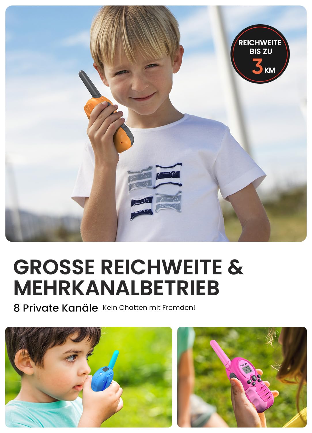 FOREDOM Wiederaufladbare Walkie Talkies für Kinder Walkie Talkies Funkgeräte Set Spielzeug für Jungen & Mädchen 3-12 Jahre, Abenteuer, Camping, Wandern – 3er Set