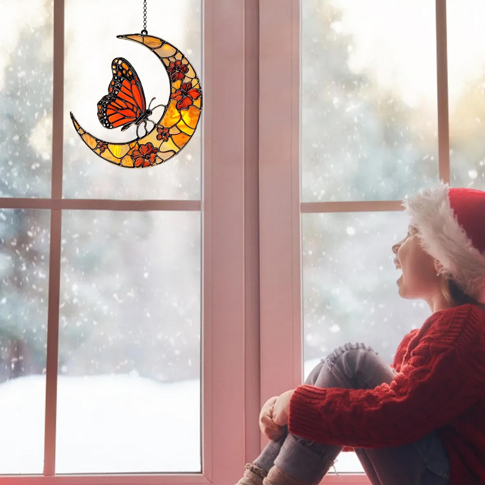 Cattador De Luna Solar, Mariposa Y Luna Solar Catcher Window Butterfly Catcher Catcher Butterfly Sun Catcher, Monarch Butterfly Y Flower Moon Ornament Para Ventana - Ornamento De Arte Acrílico Para De