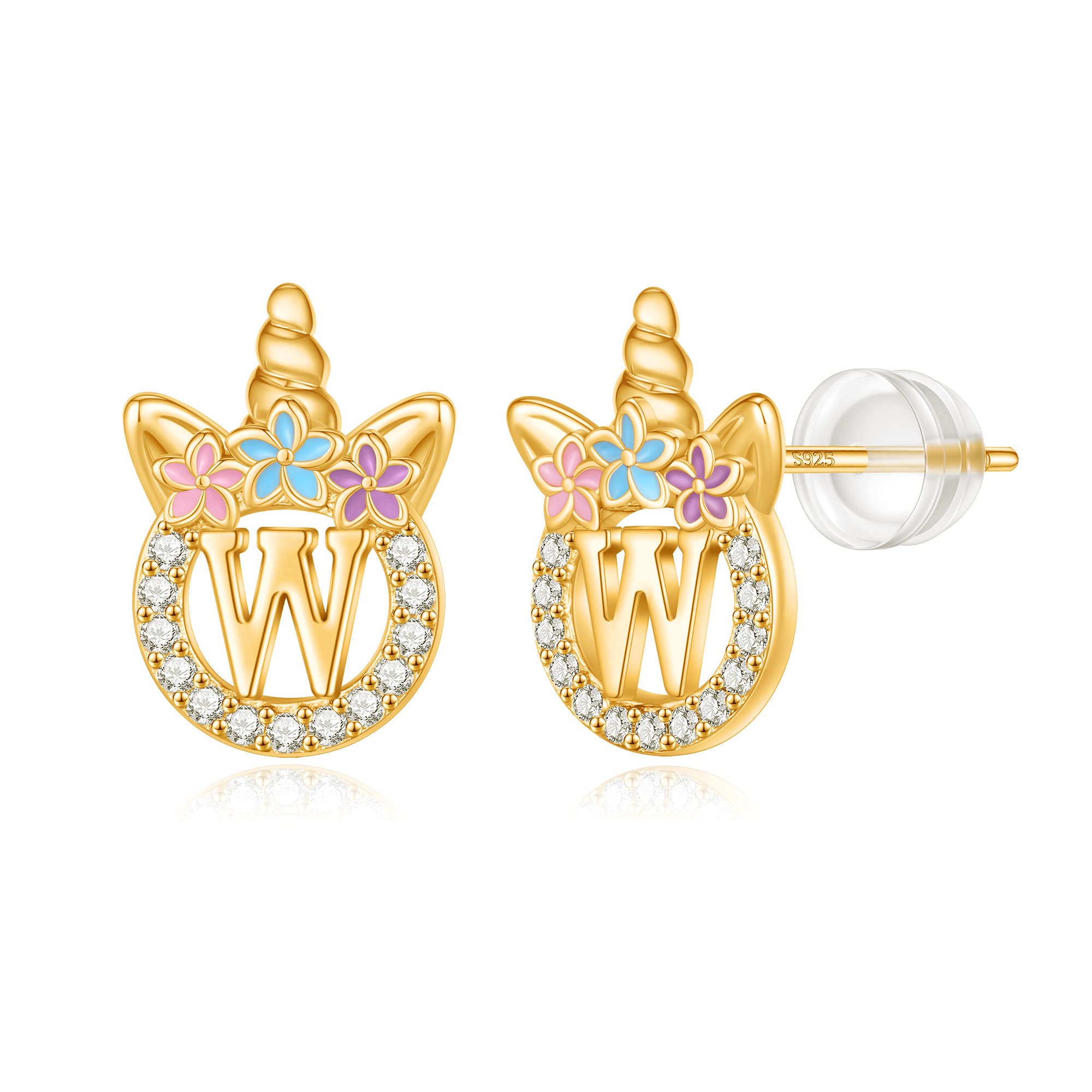 Unicorn Earrings Gifts for Girls - 925 Sterling Silver Stud Earrings Hypoallergenic Initial Unicorn Earring for Girls Kids Jewelry CZ Birthday Gifts