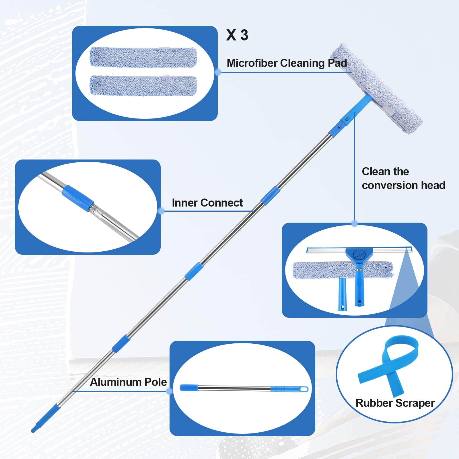 2 in 1 Pulitore per finestre Lavavetri con 300cm Manico Telescopico, Strumenti per la Pulizia dei Vetri con Tergivetro in Silicone e panno in microfibra di ricambio per Finestre Interni ed Esterni